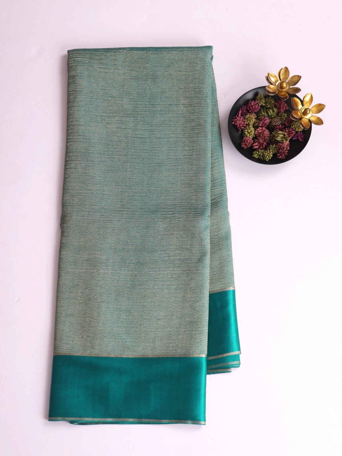 Teal Blue Zari Striped Mysore Silk Saree With Satin Border