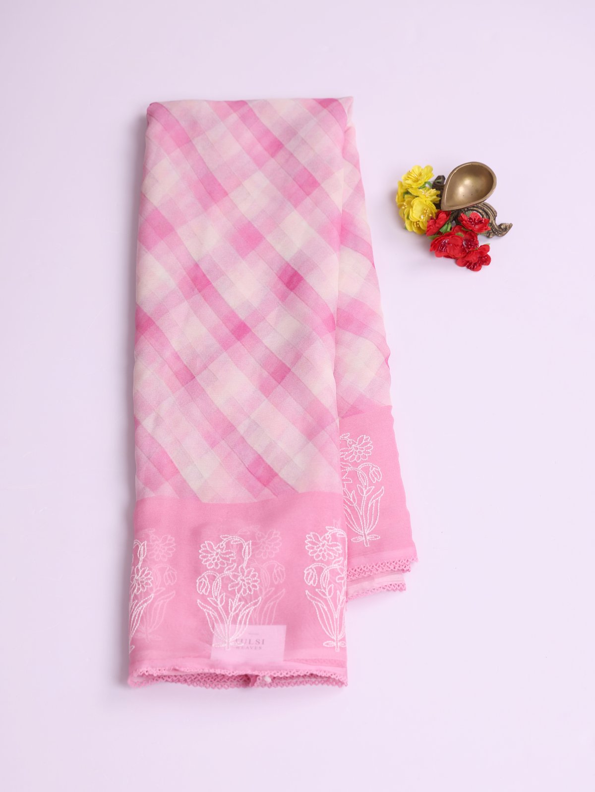 Pink And White  Checked Chiffon Saree With Embroidery Border