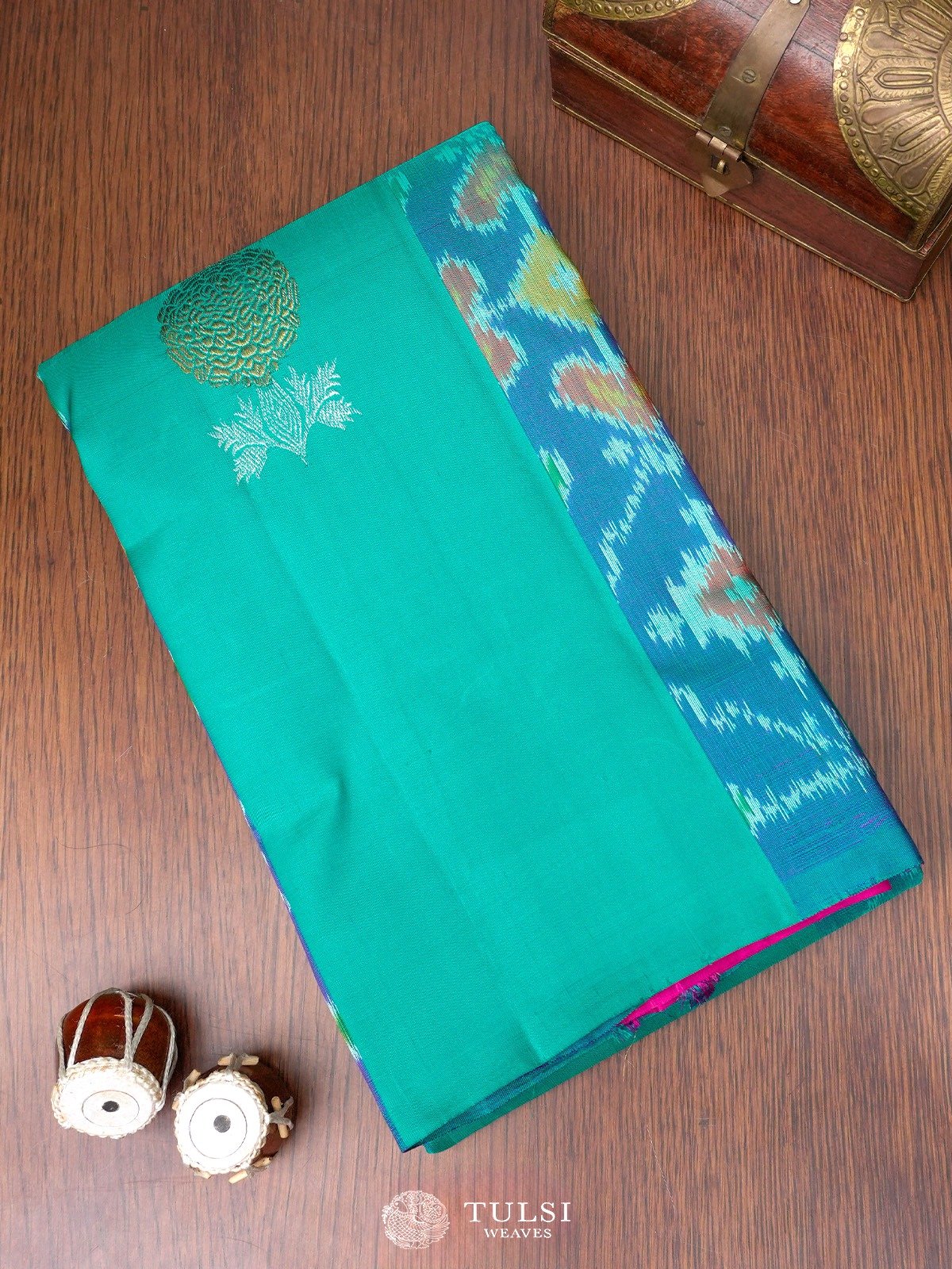 Teal Kanjeevaram Silk Saree with Ikat Pattern