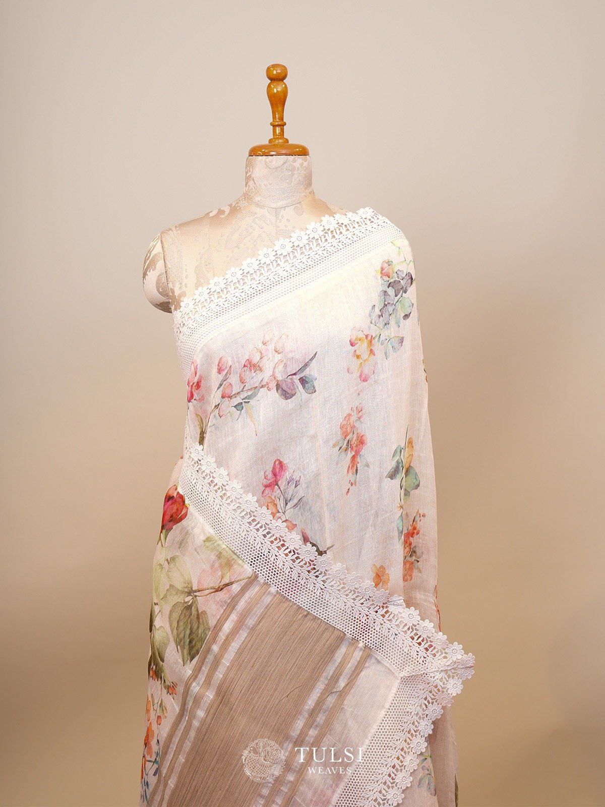 White Printed Linen Silk Saree