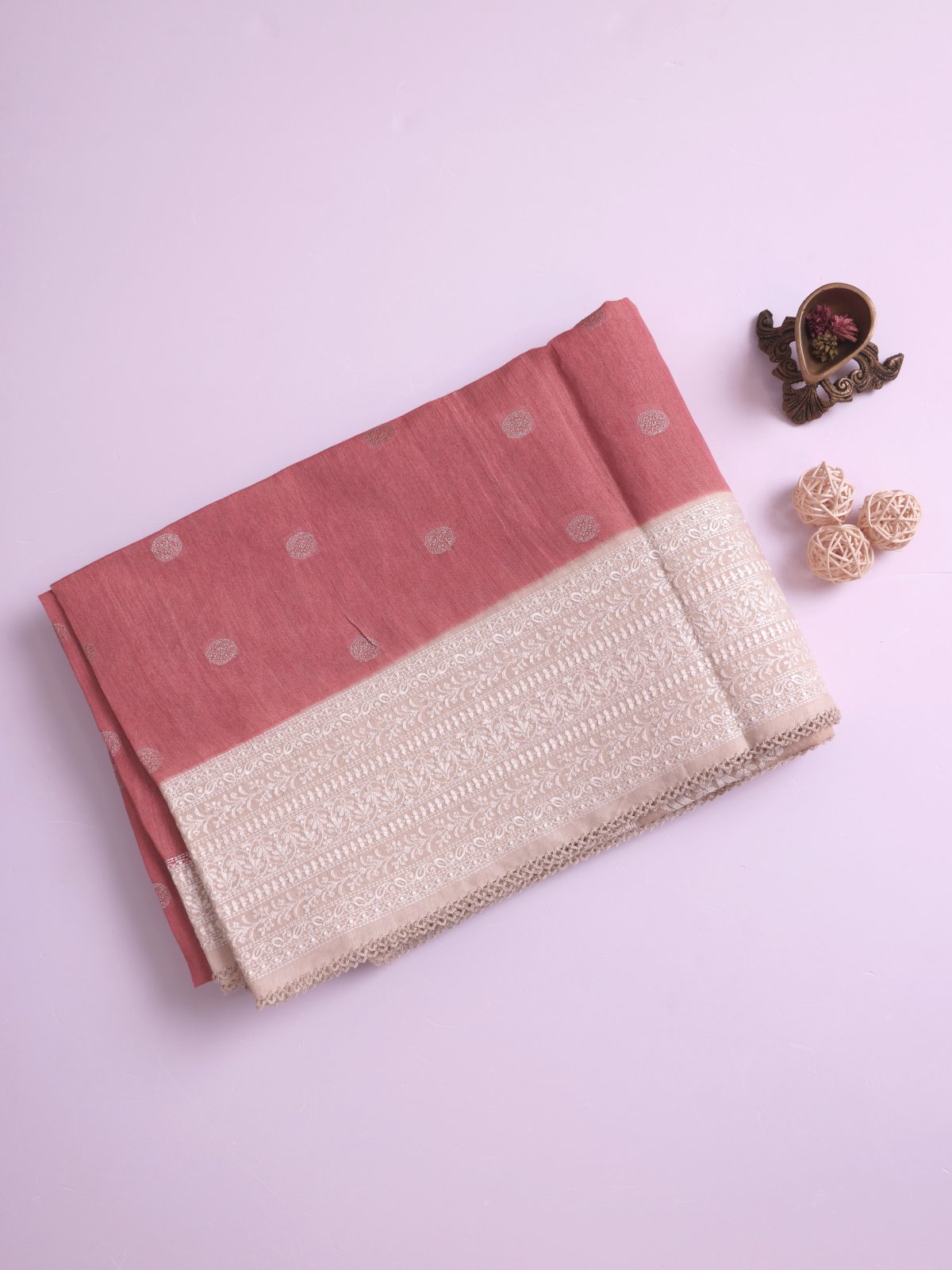 Dusty Pink Tissue Munga Tussar Silk Saree with Beige Border 