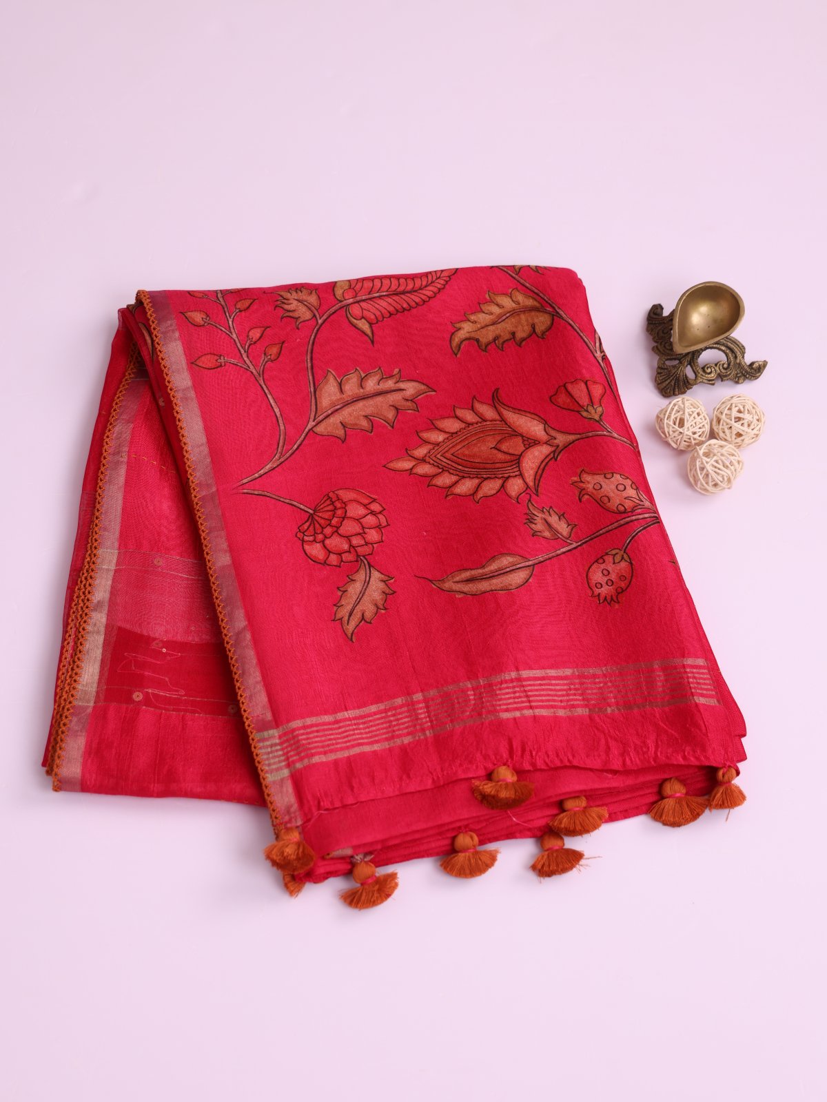 Reddish Pink Kora Tussar Silk Saree 