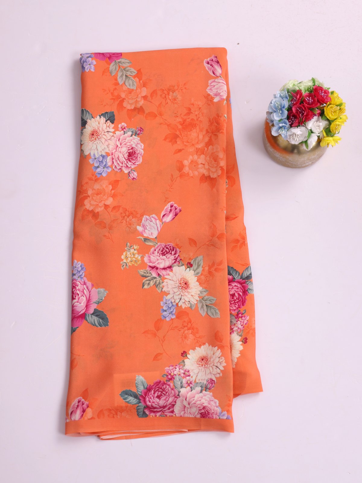 Orange Printed Crepe Silk Saree