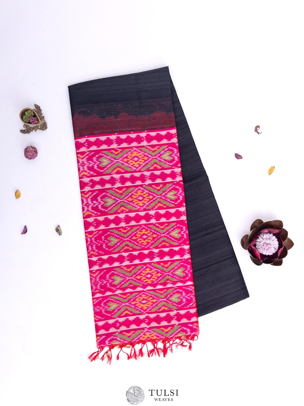 Black Raw Silk Saree with Ikat Pallu