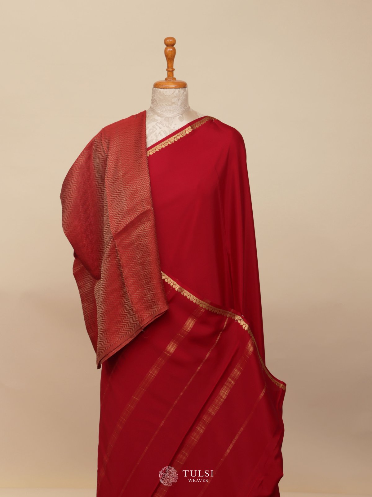Red Mysore Silk Saree With Banaras Crepe Blouse