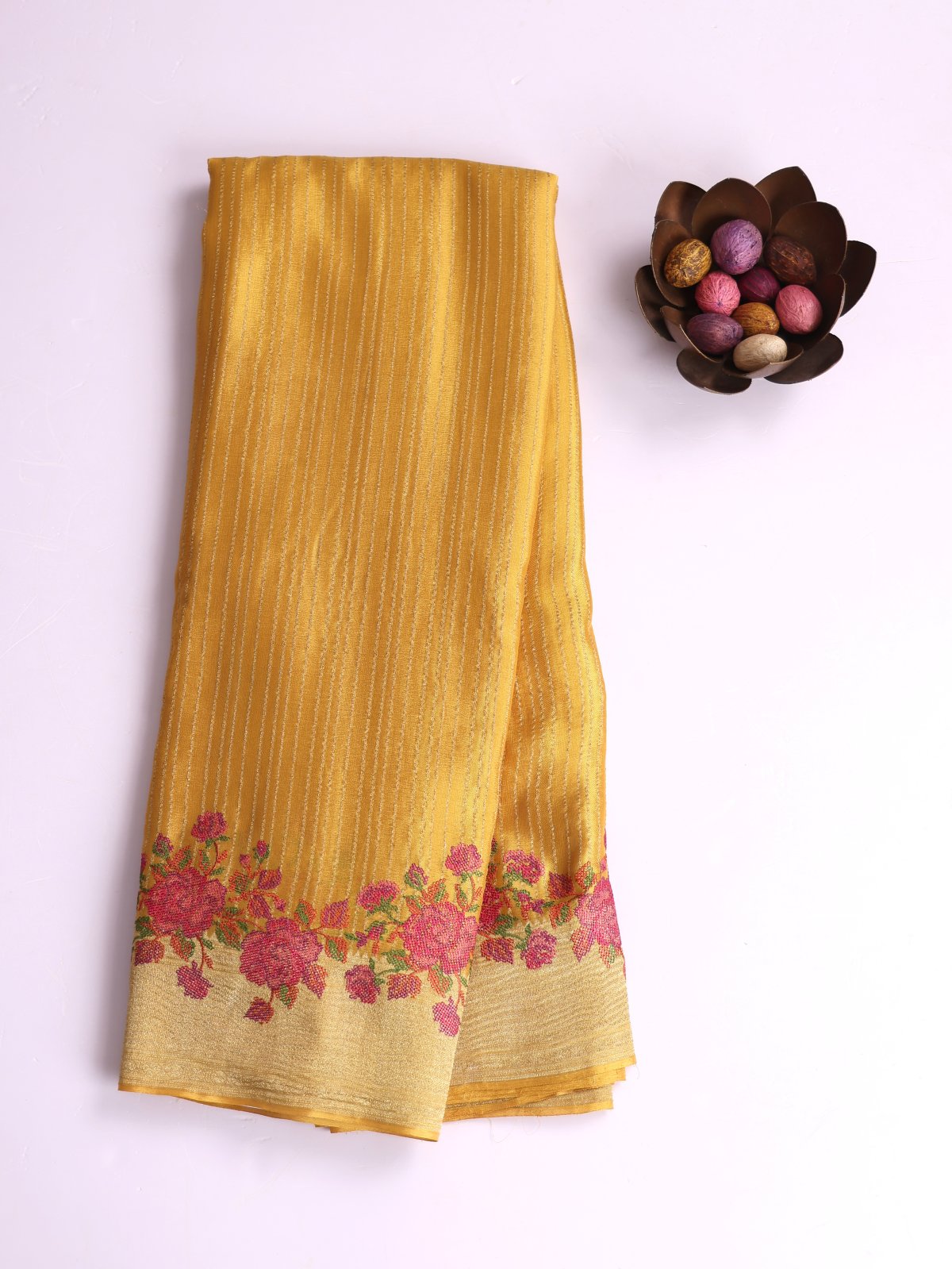 Yellow Crepe Silk Saree With Embroidered Border