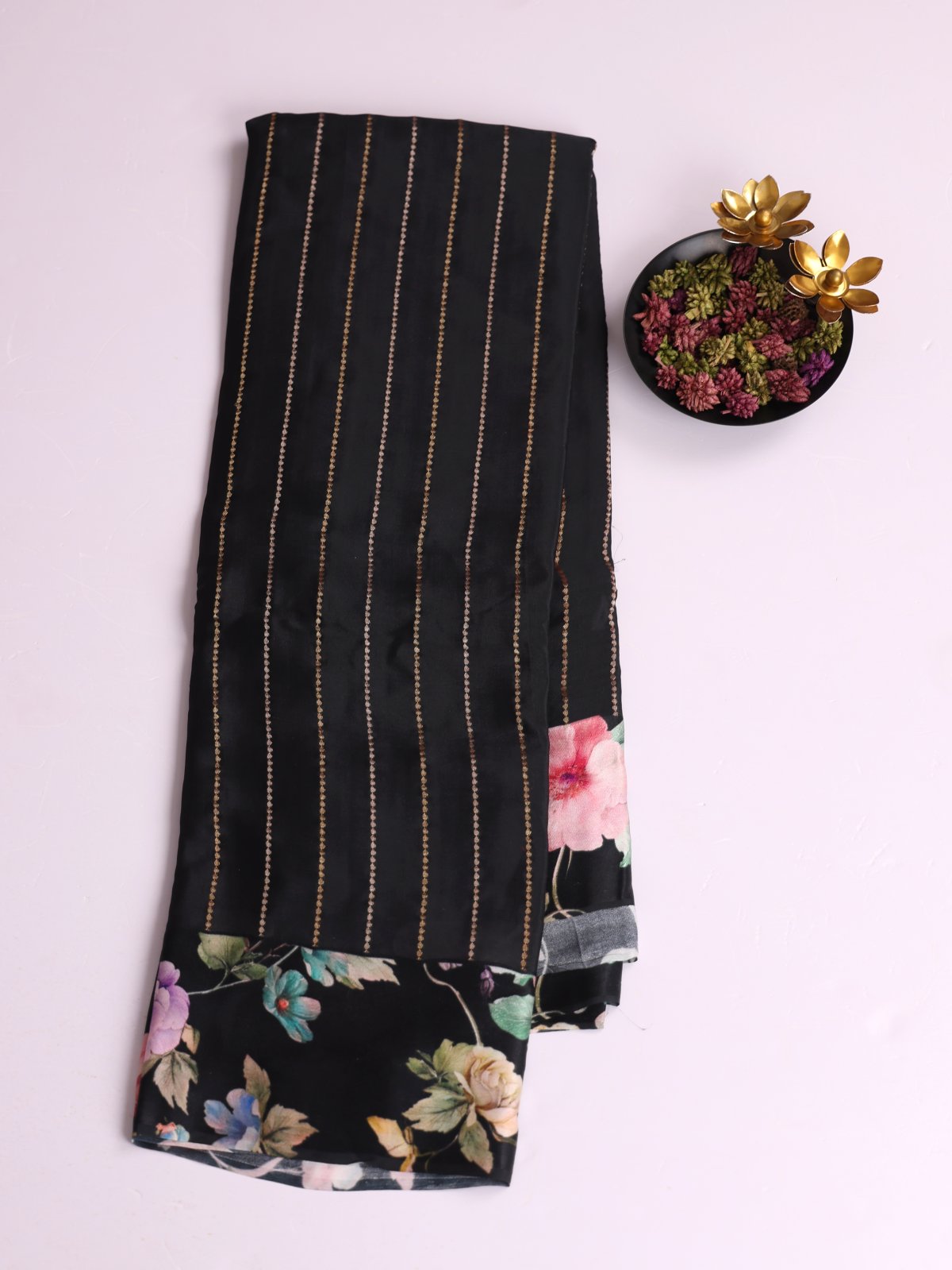 Black Striped Crepe Silk Saree With Printed Satin Border