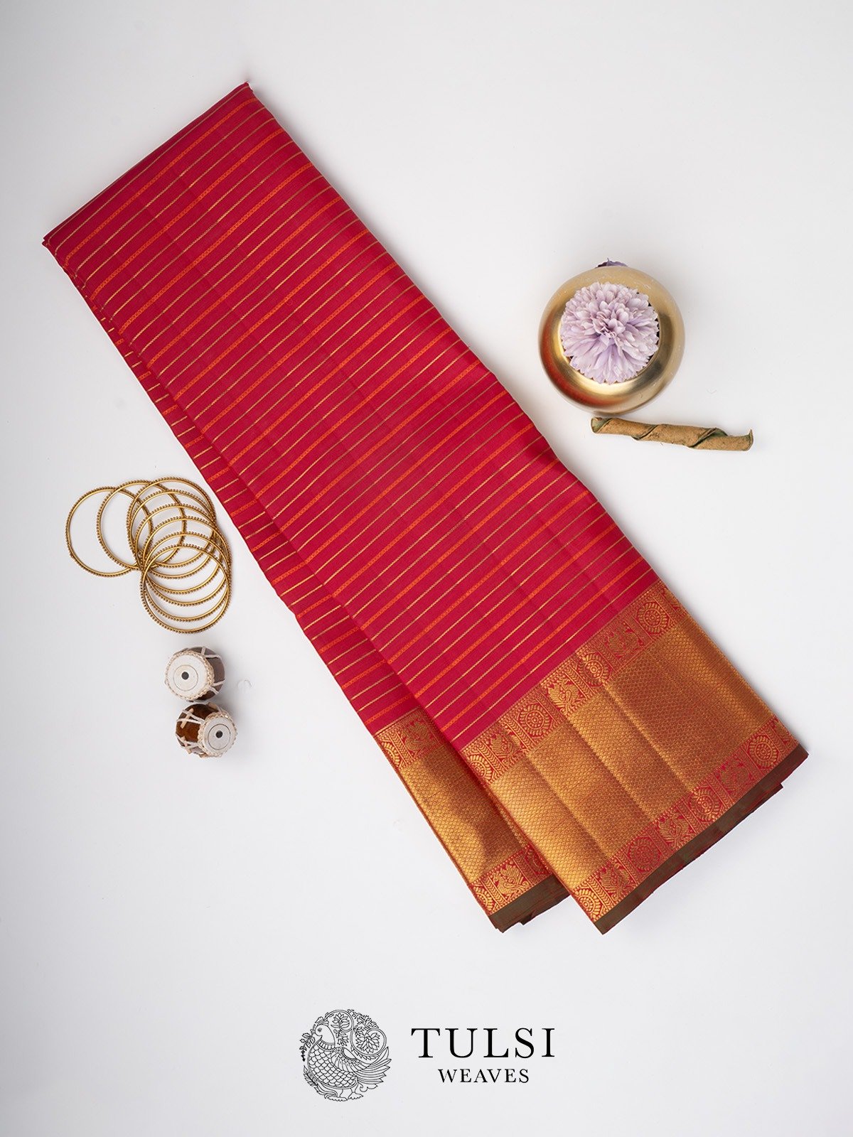 Crimson Red Kanjeevaram Silk Saree with Veldhari