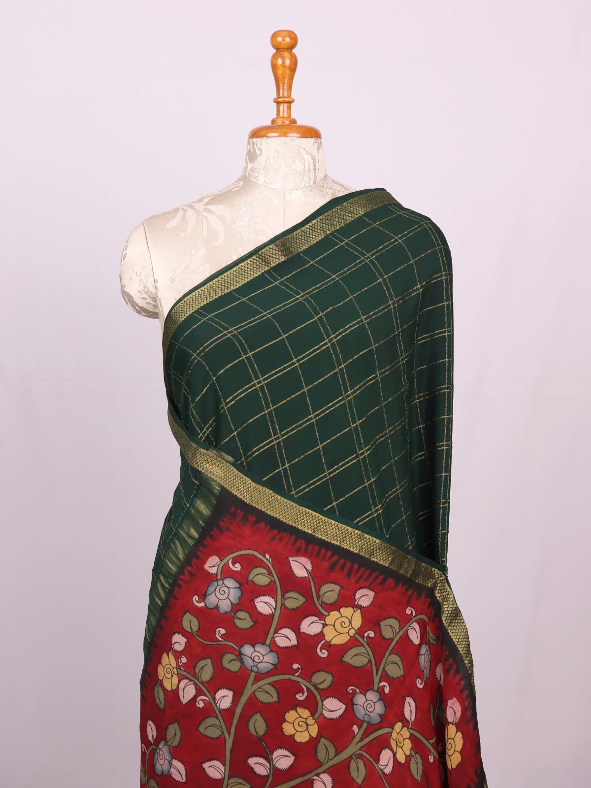 Bottle Green Checked Mysore Crepe Silk Saree With Kalamkari Blouse And Pallu