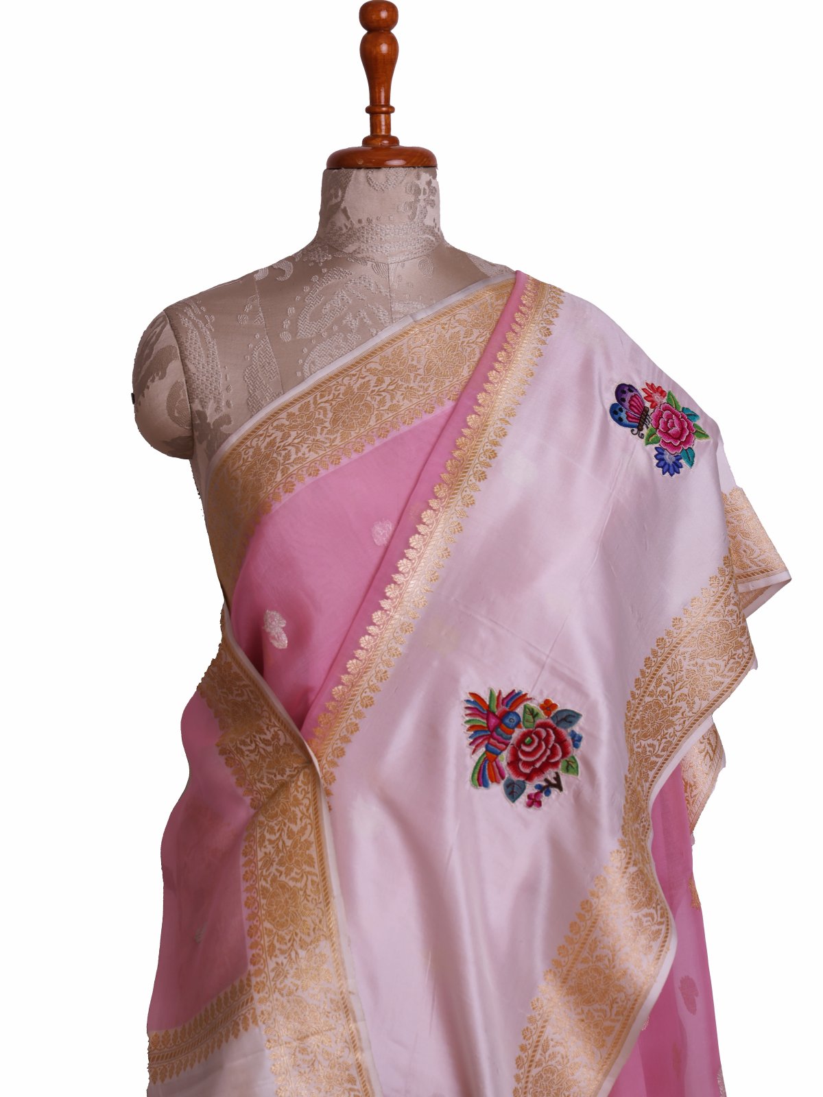 Light Pink Banaras Organza Saree With Off White Silk Border