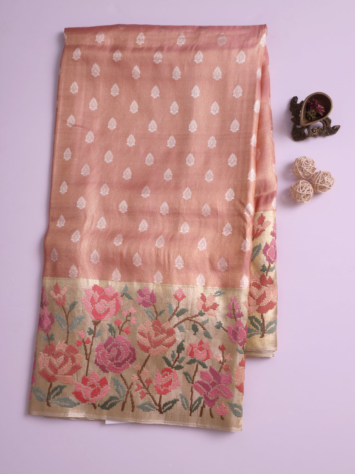 Peach Pink Tissue Kanjeevaram Silk Saree with Embroidered Border