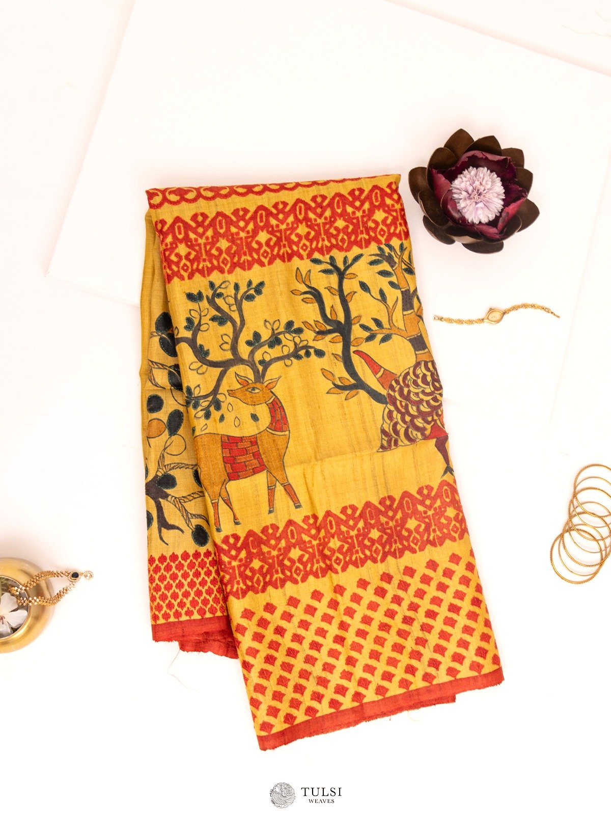 Mustard Tussar Silk Saree with Kantha Embroidery