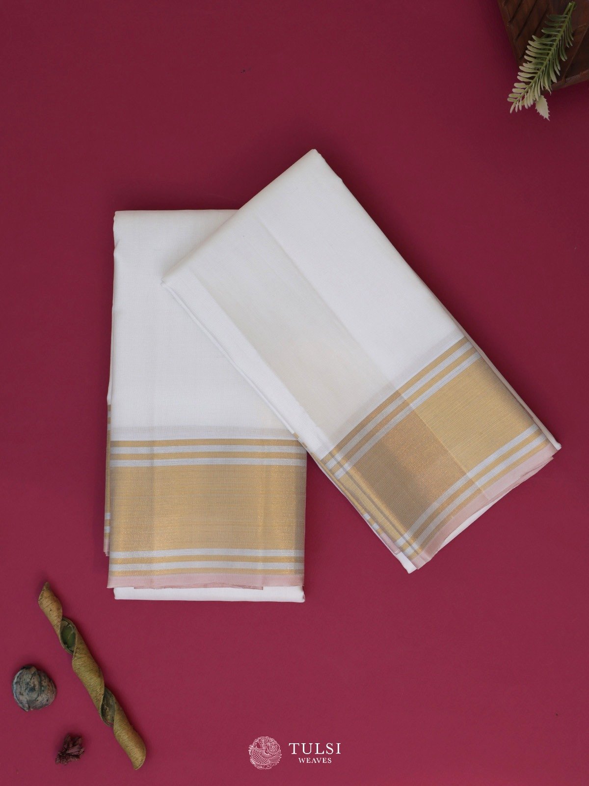 White Silk Dhoti and Vasthram With Gold Self Zari Border