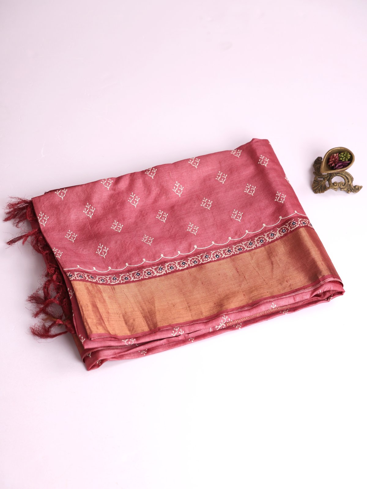 Dusty Pink Embroidered Tussar Silk Saree With Dusty Red Zari Border