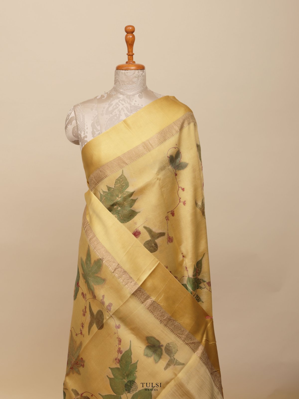 Yellow Eco Print Silk Saree With Satin Border