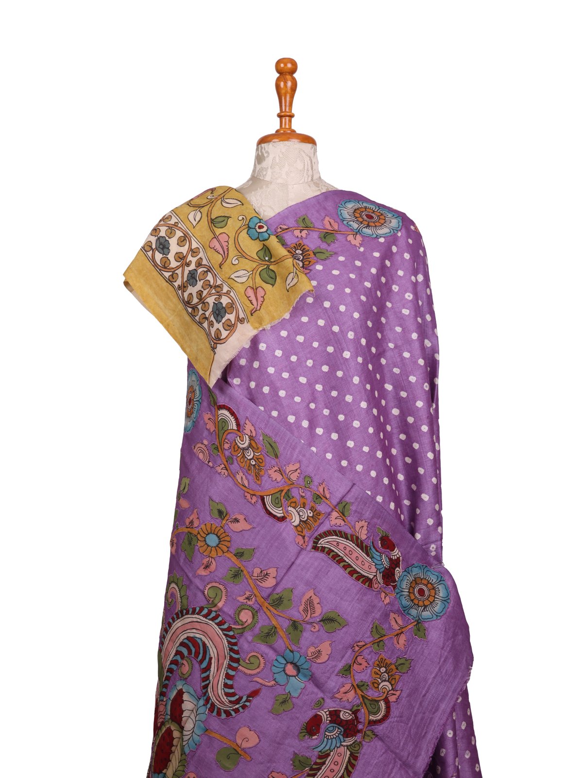 Lavender Bandhini Tussar Silk Saree With Kalamkari Work