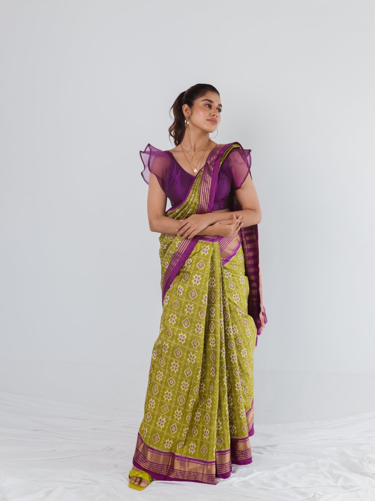 Checked Olive Green Ikat Silk Saree With Purple Border