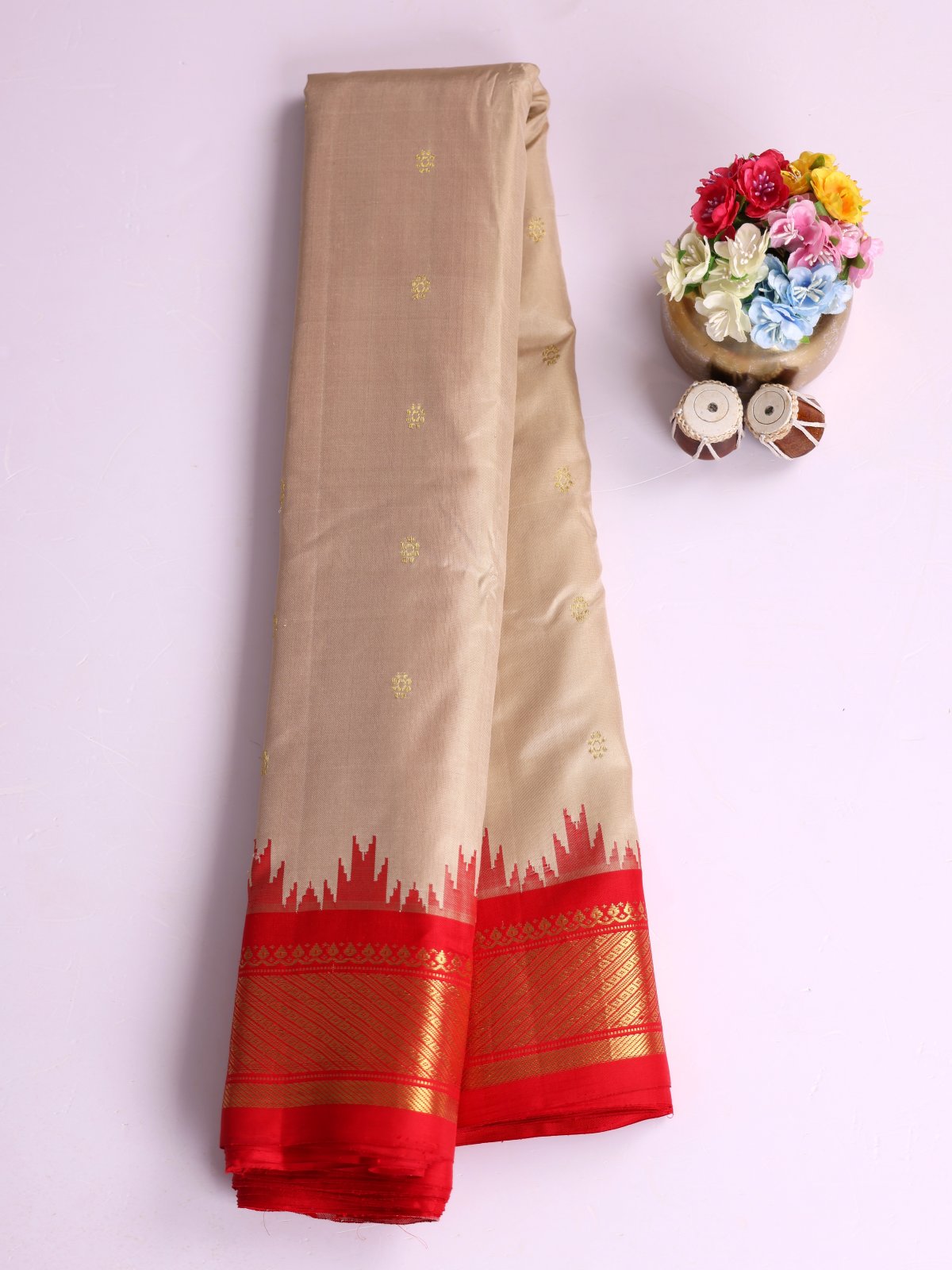 Beige Gadwal Silk Saree With Red Border