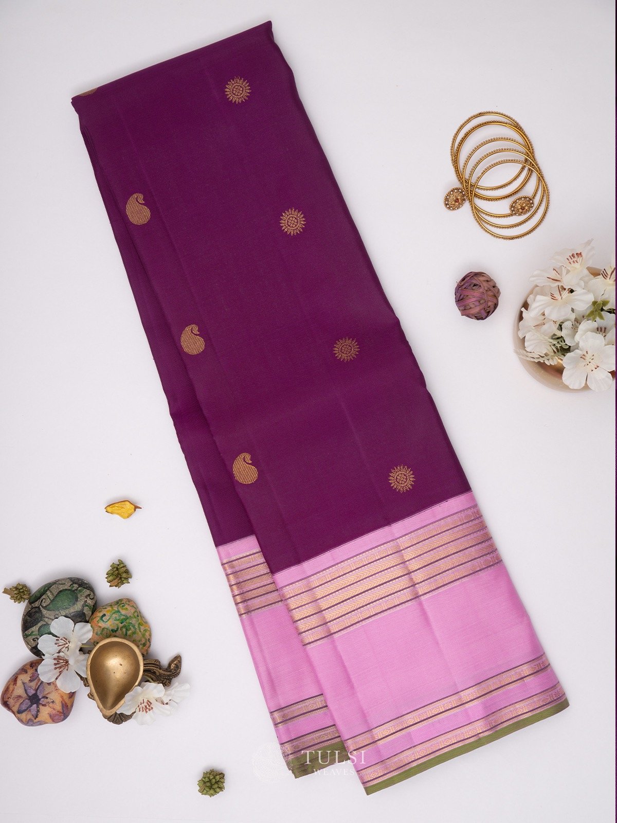 Purple Kanchipuram Silk Saree with dusty pink border 