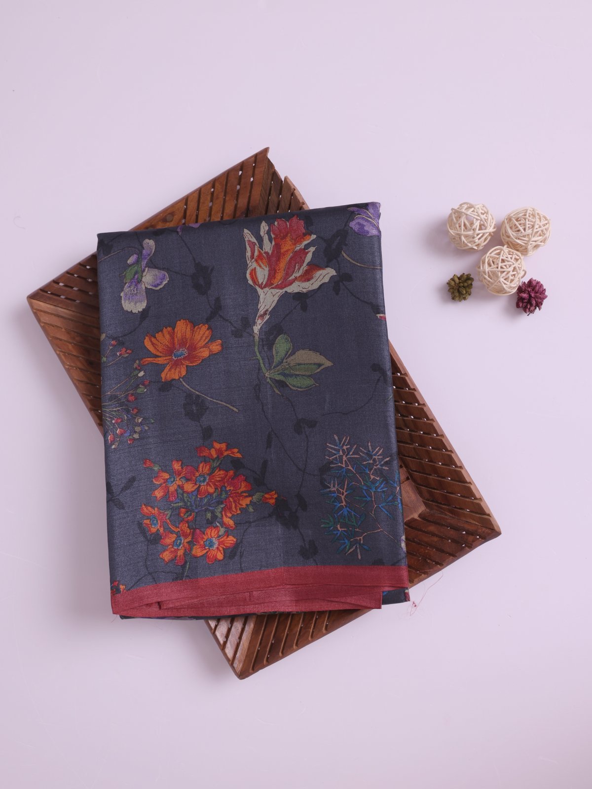 Dark Grey Printed Tussar Silk Saree