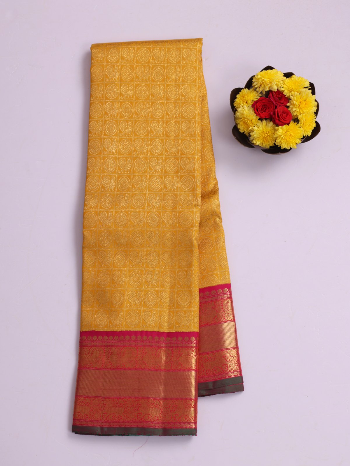 Mustard Yellow Zari Checked Kanjeevaram Silk Saree With Pinkish Red Border