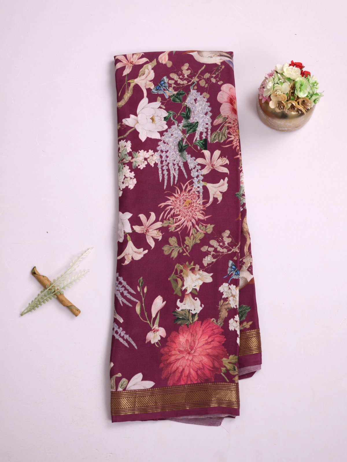 Wine Printed Mysore Crepe Silk Saree With Zari Border 