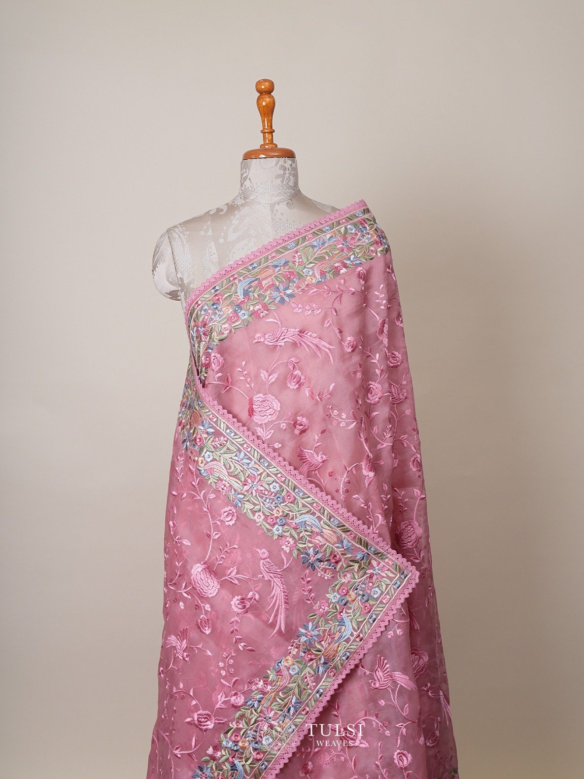 Dark Pink Organza Embroidery Saree 