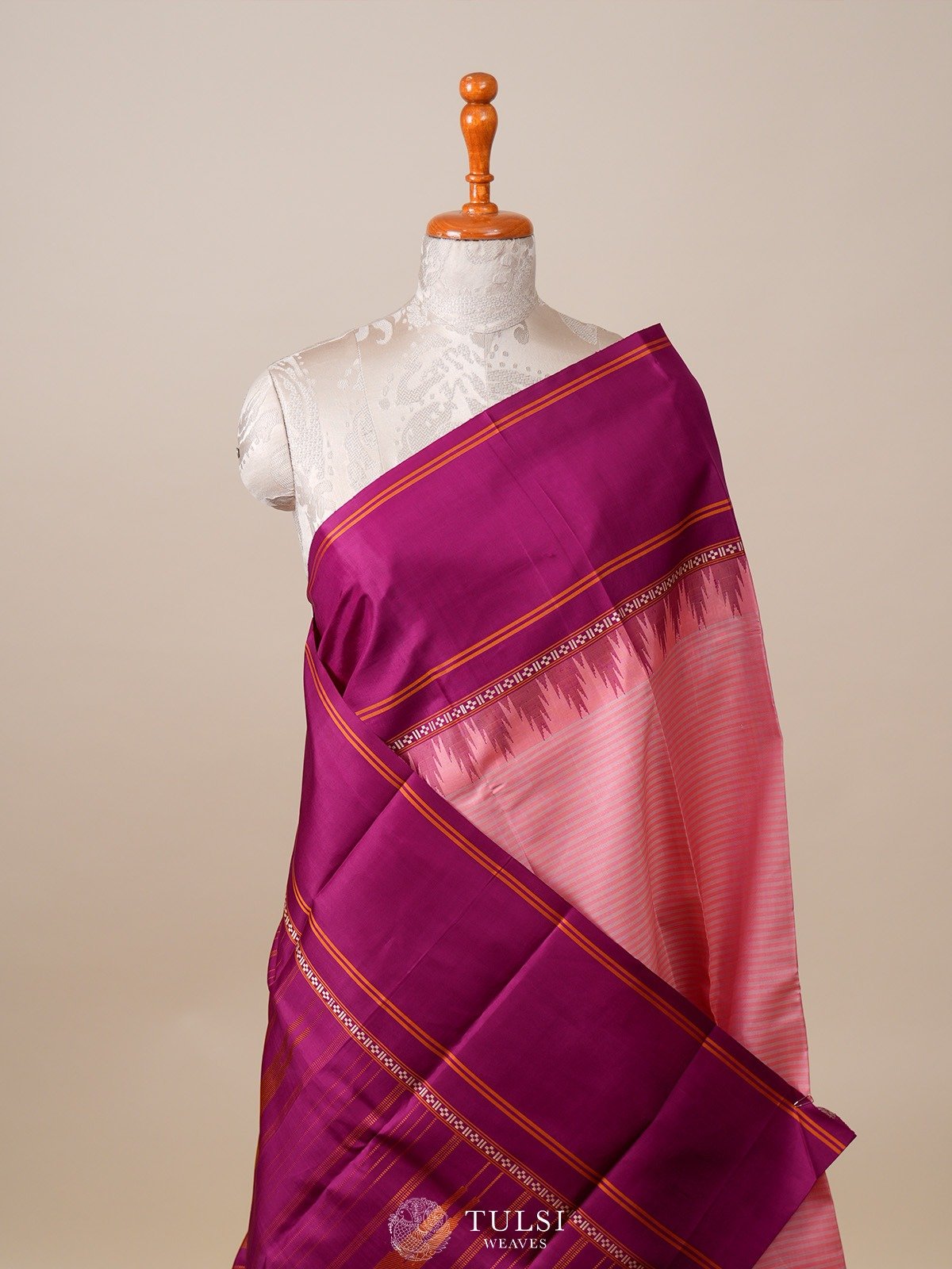 Peach Striped Kanjeevaram Silk Saree