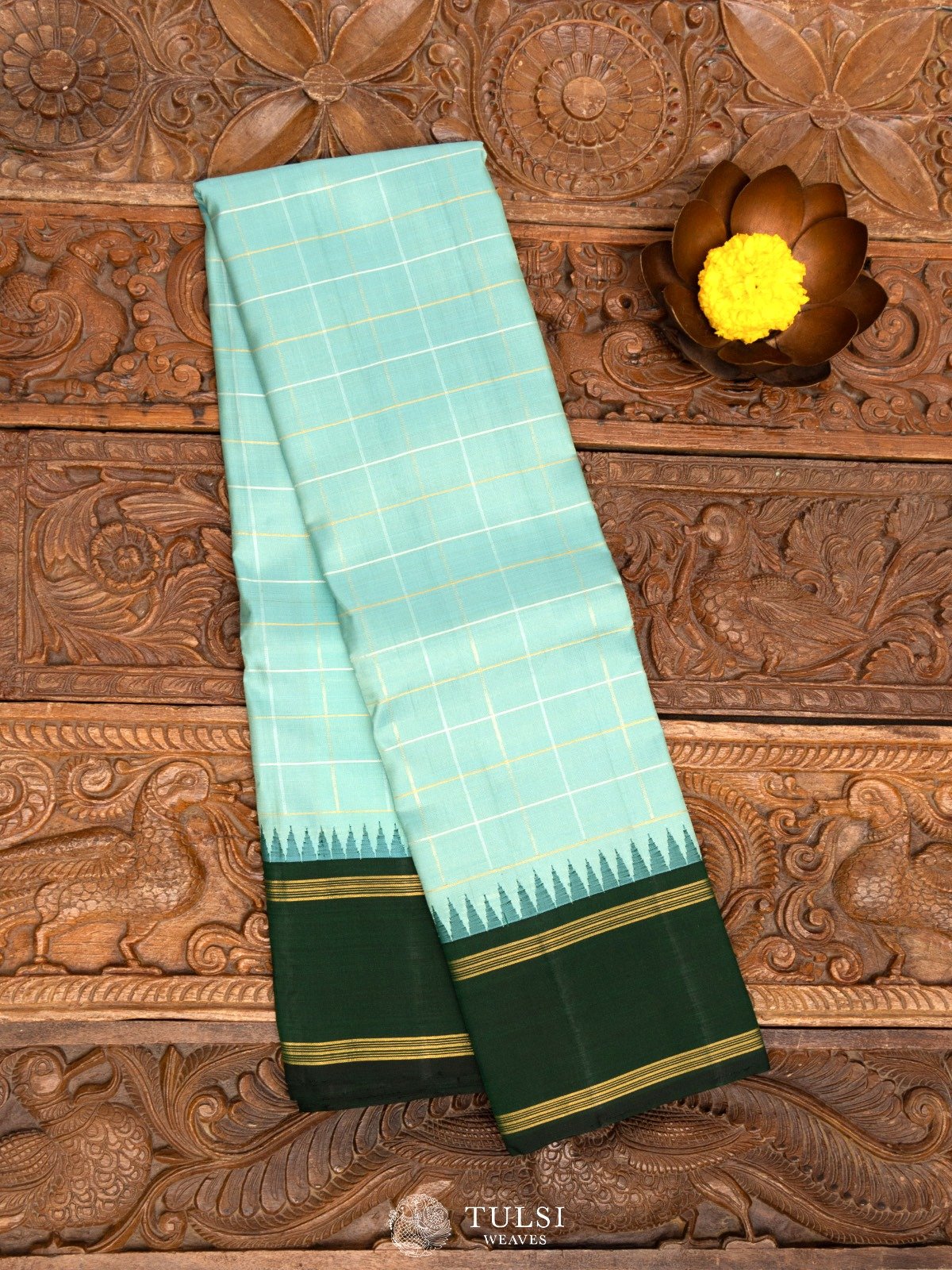 Aqua Blue Checked Kanjeevaram Silk Saree