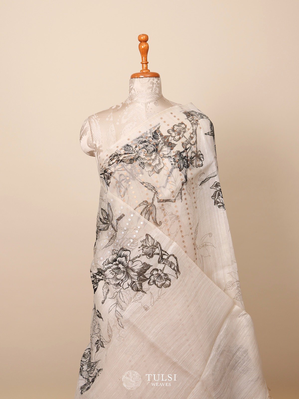 Off-White Kora Jute Saree with Floral Print