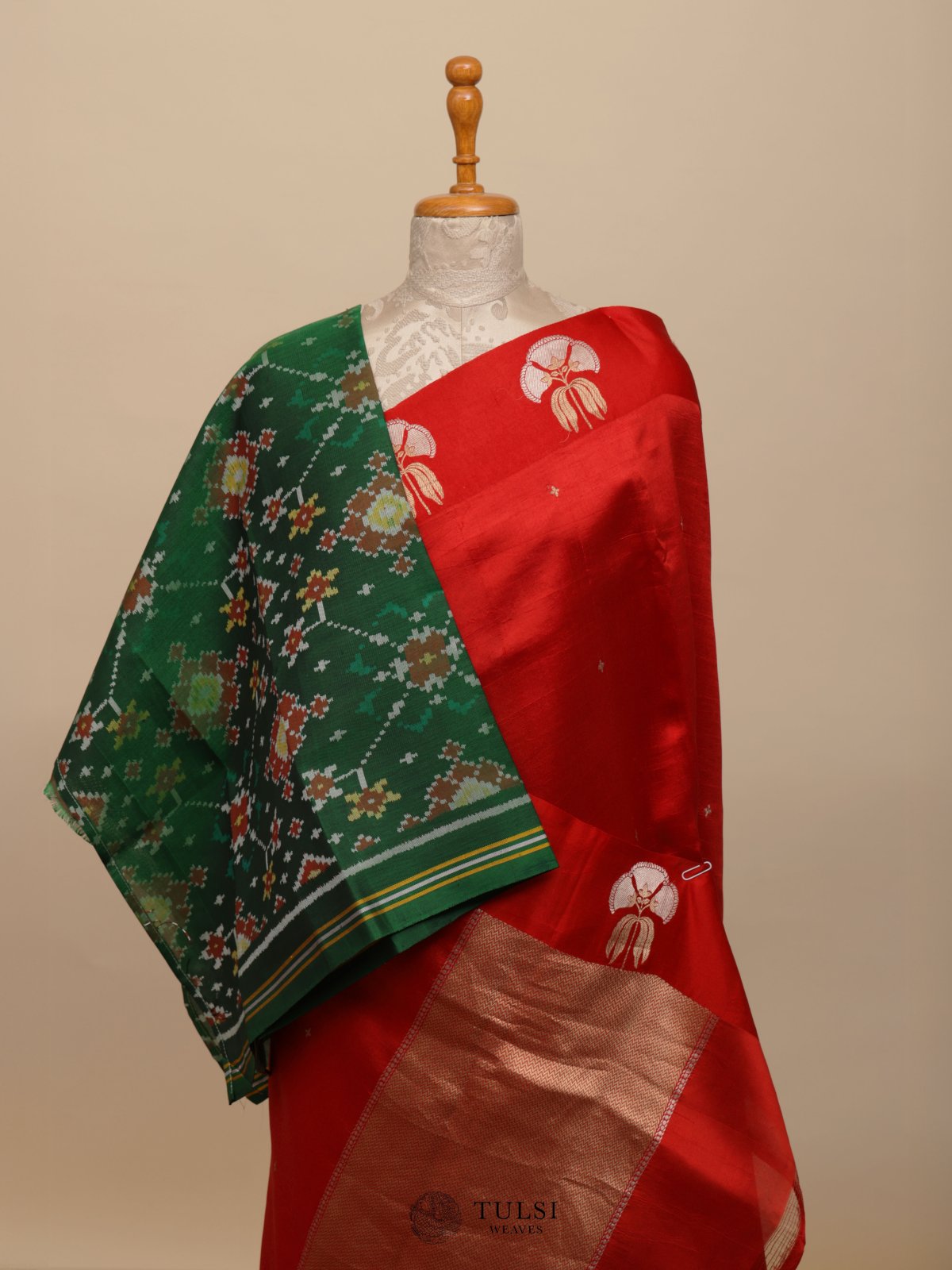 Red Mashru Silk Saree With Ikat Blouse
