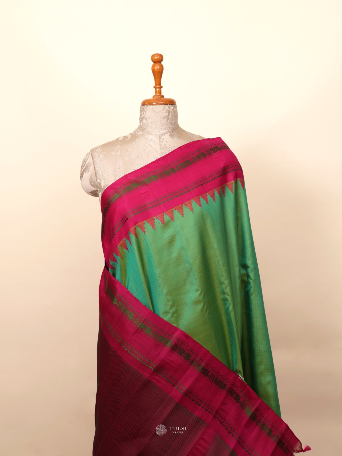 Green Gadwal Silk with Dark Pink BorderSaree