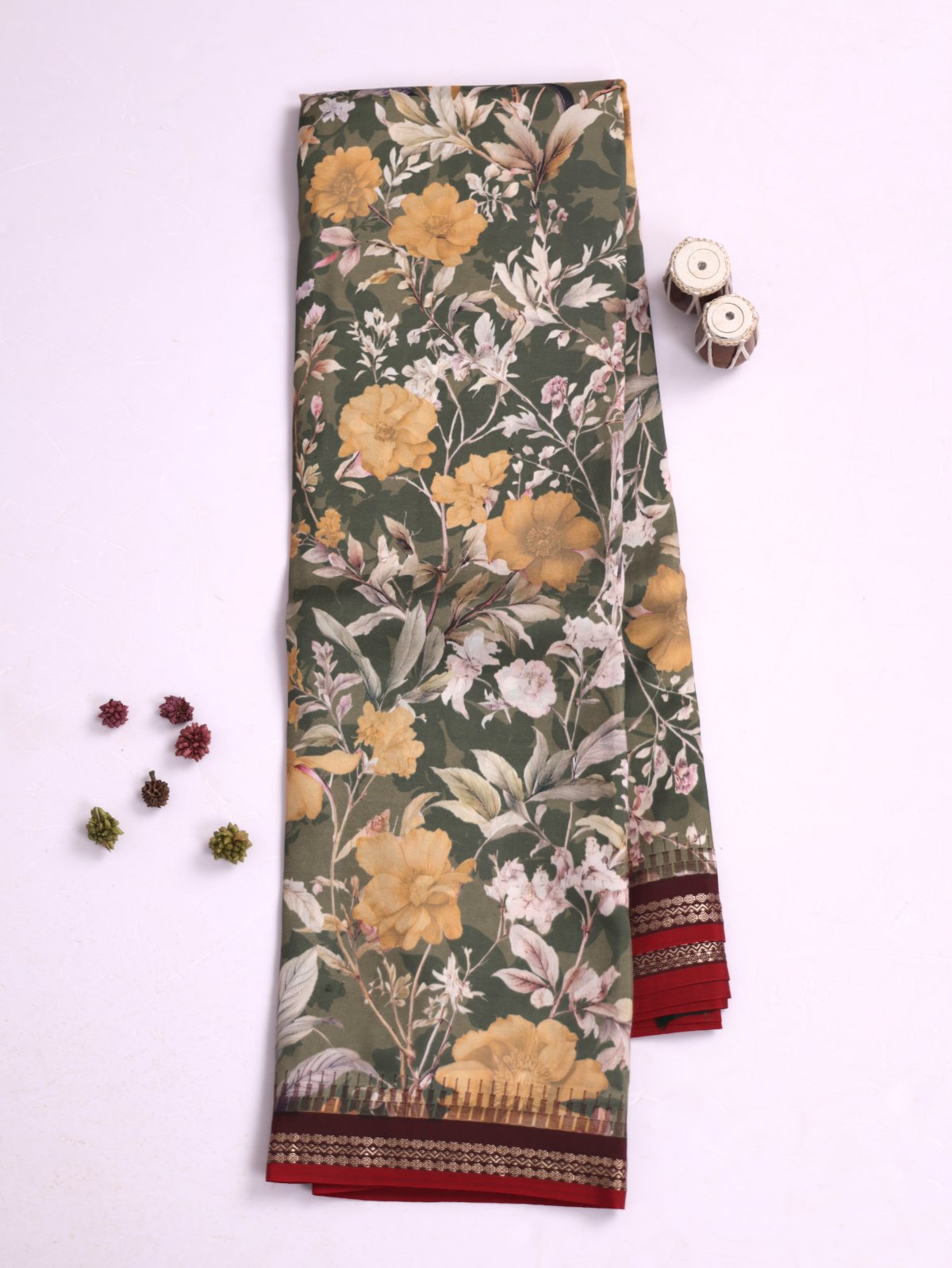Green Printed Kanjeevaram Silk Saree With Dark Brown Border 
