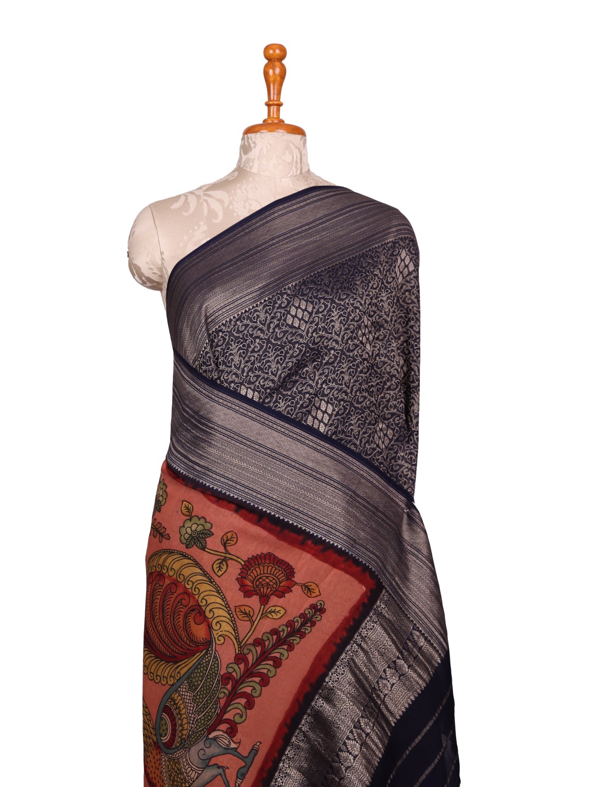 Dark Navy Blue Mysore Crepe Silk Saree with Kalamkari Pallu