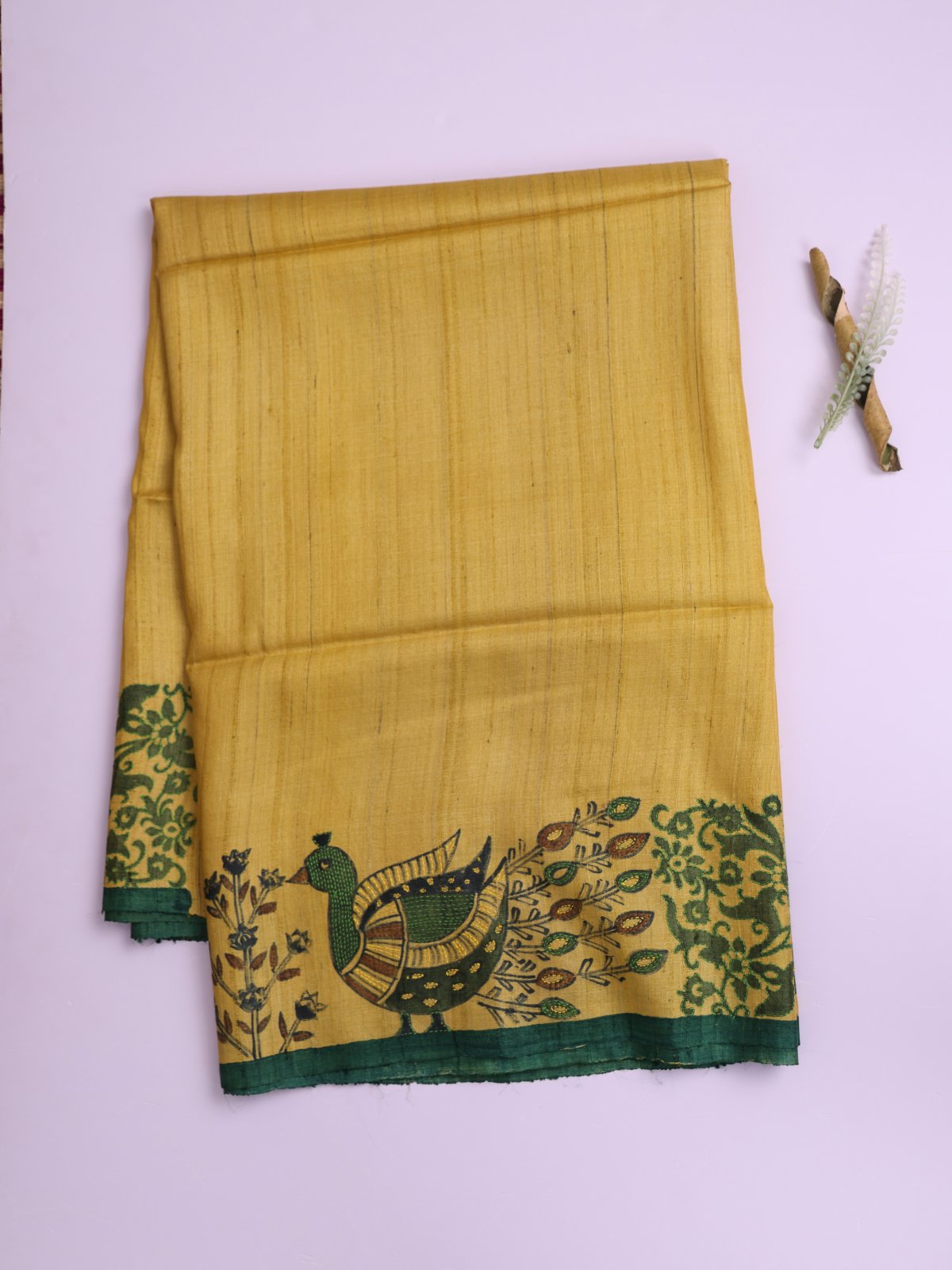 Yellow Tussar Silk Saree with Kantha Embroidery 
