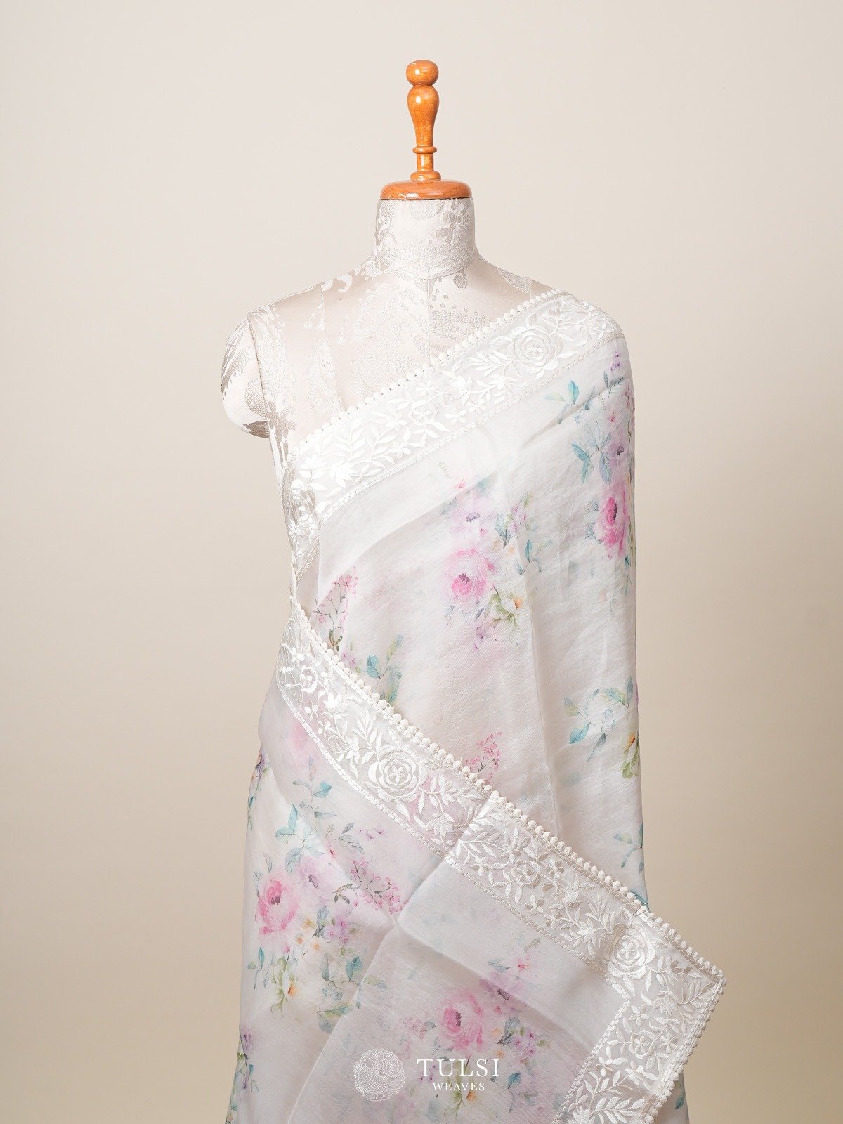 Off-White Floral Printed Organza Saree With Embroidered Border 