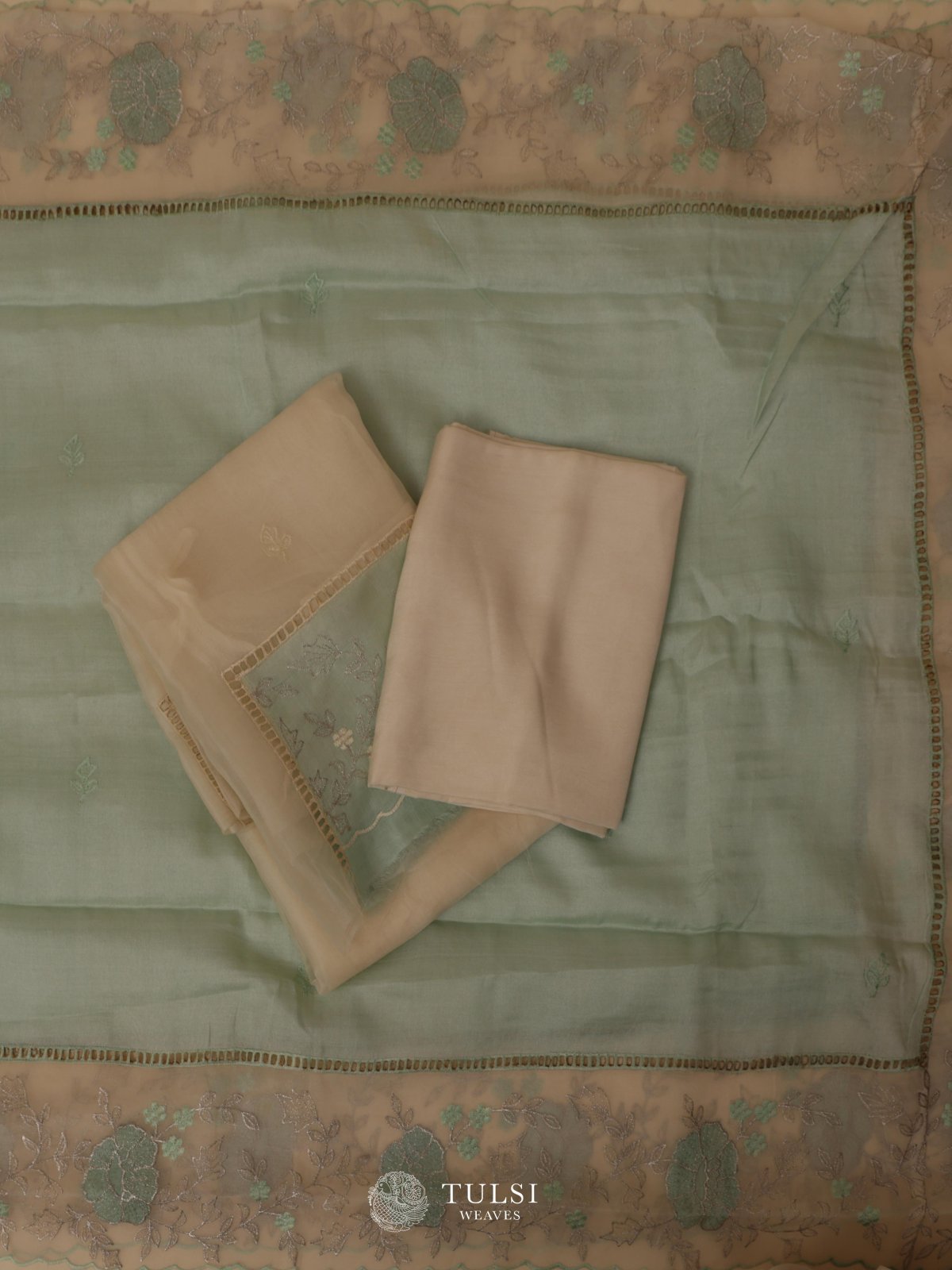 White Organza Salwar Material With Pastel Green Border