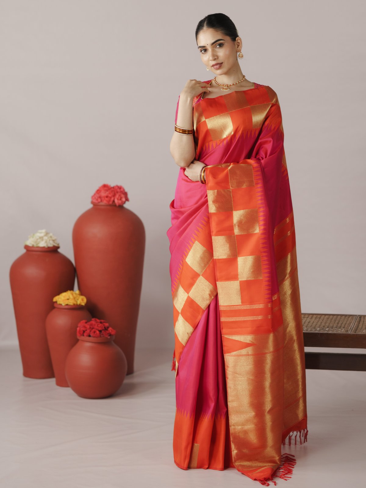 Orangish Pink Silk Saree With Checks Border