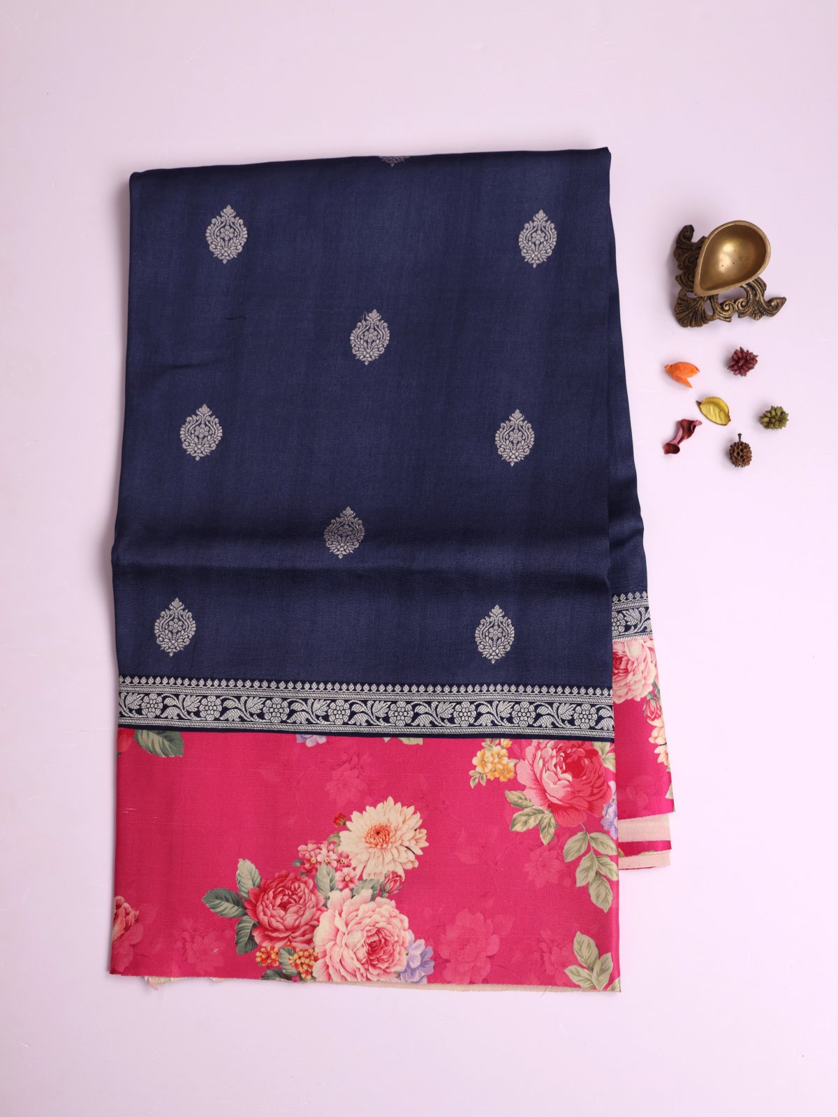 Navy Blue Banaras Tussar Georgette Silk Saree with Printed Pink Satin Border