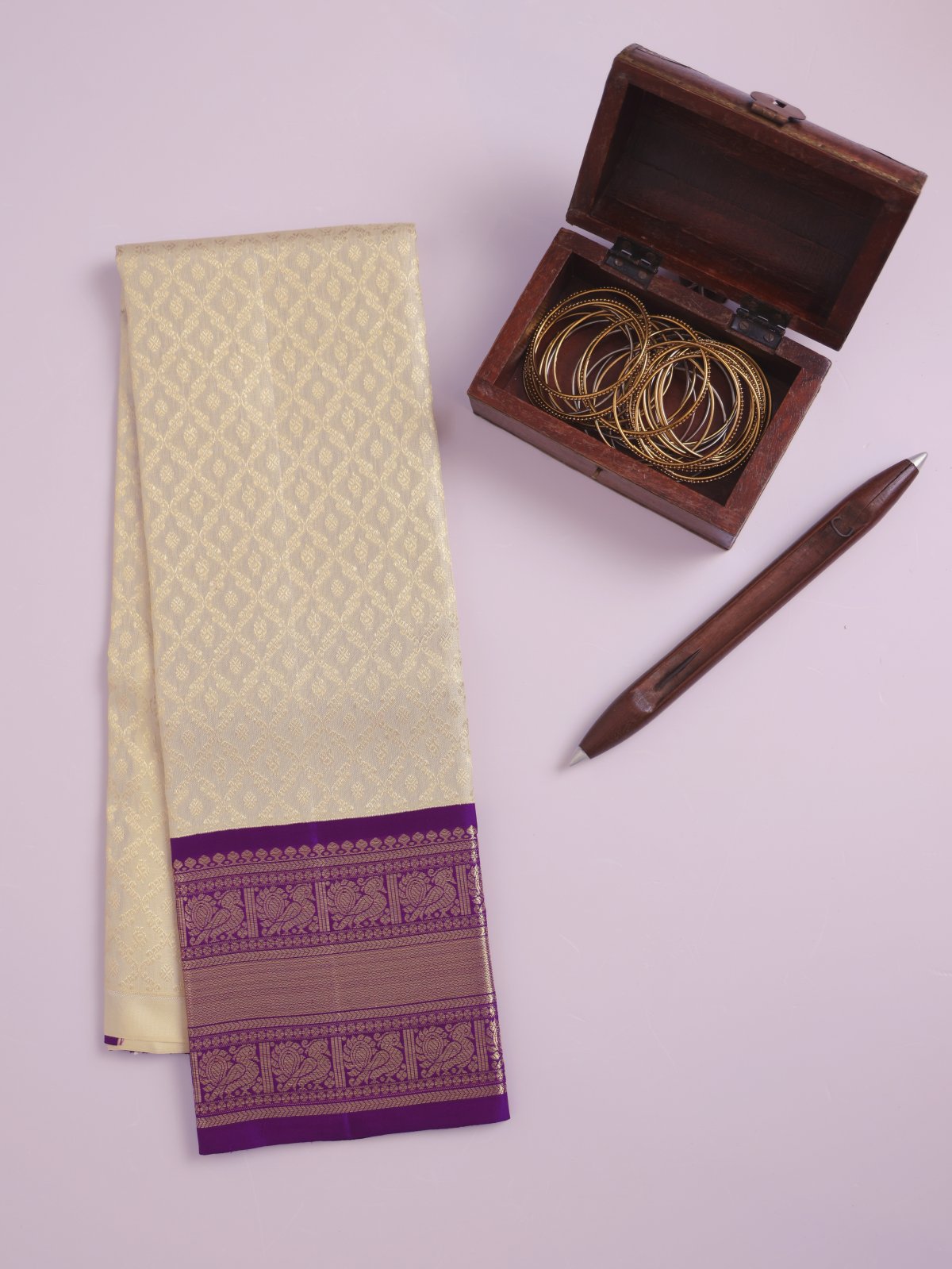 Off White Kanjeevaram Silk Pavadai