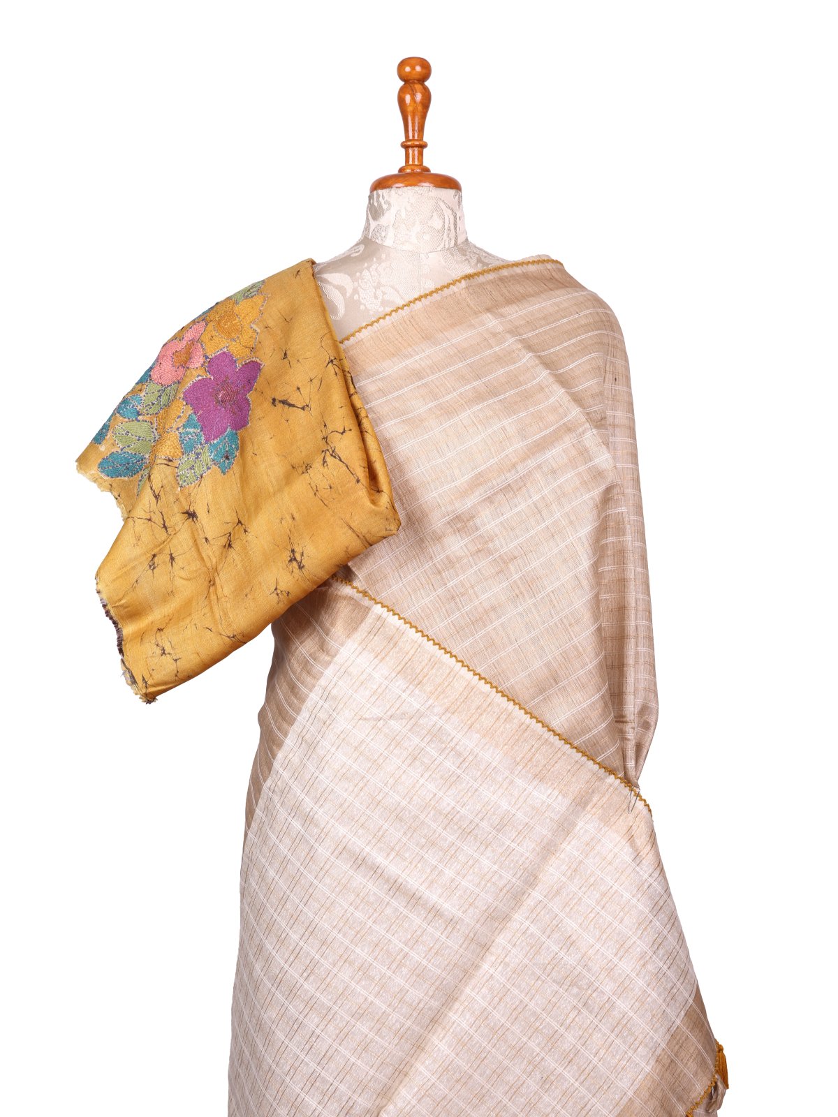 Beige Zari Striped Tussar Silk Saree with Batik Kantha Embroidered Blouse