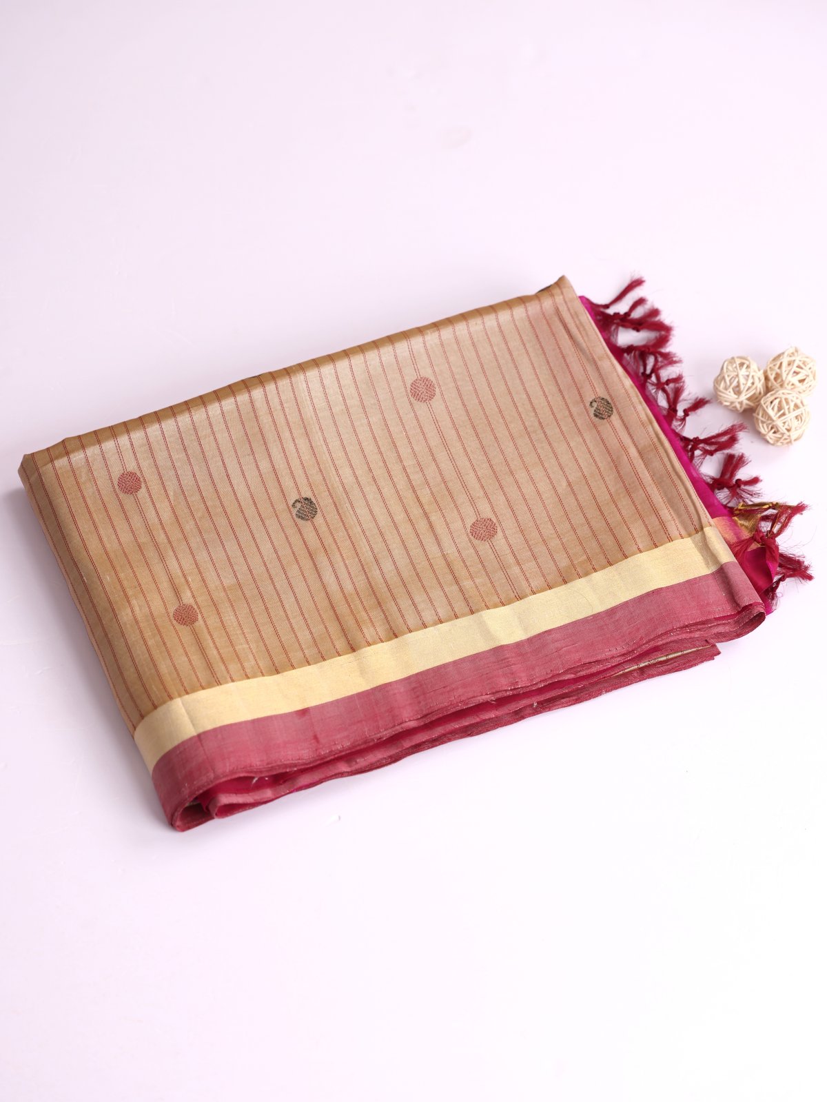 Beige Striped Silk Cotton Saree With Burgundy Zari Border