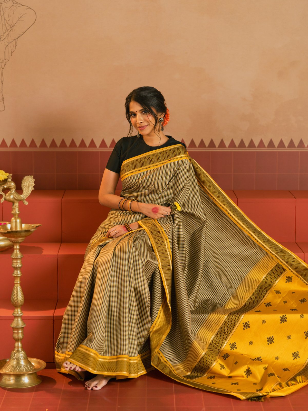 Crafted 26 - Tri Color Checked Kanjeevaram Silk Saree With Mustard Yellow Border