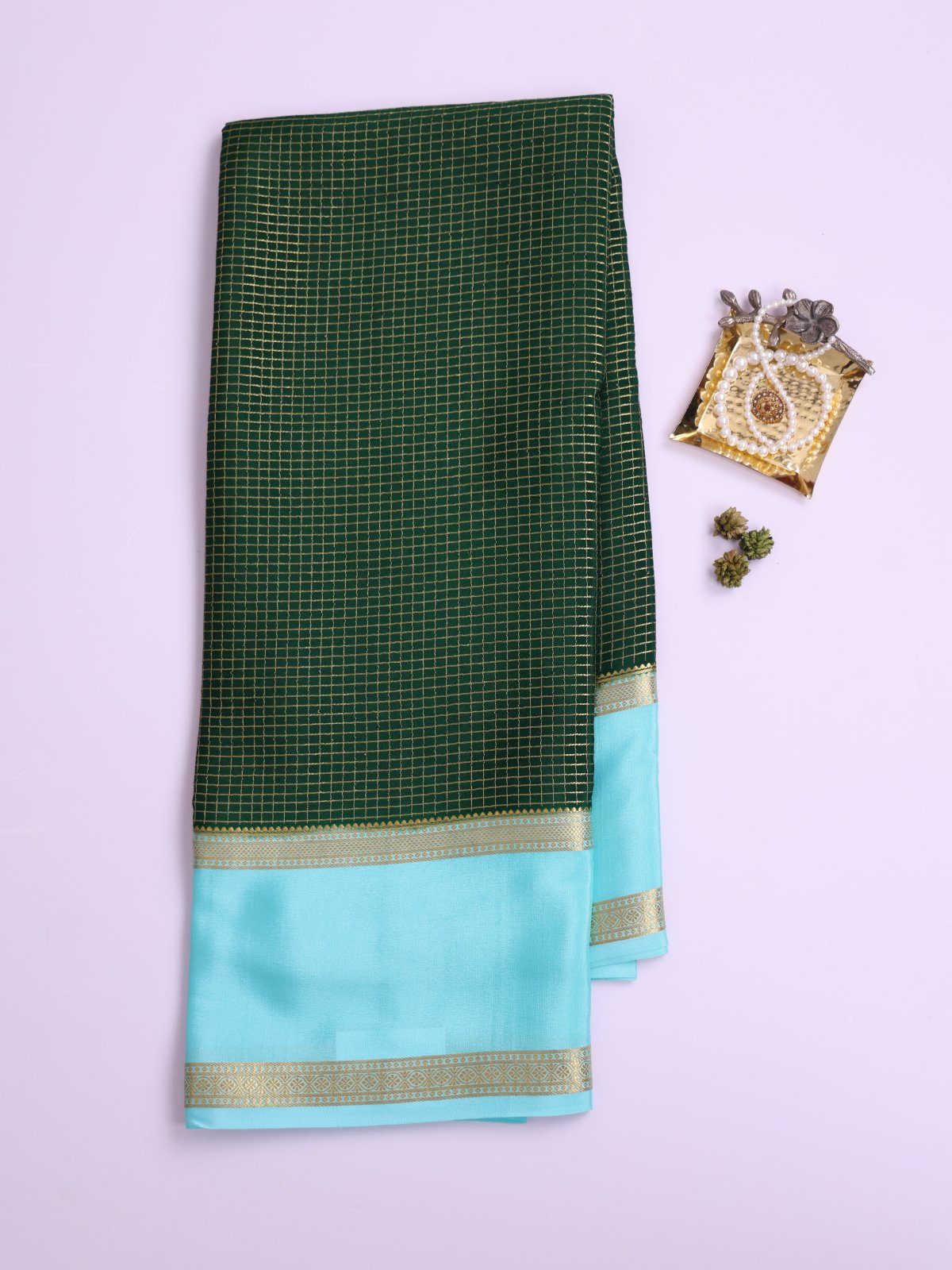Green Zari Checked Mysore Silk Saree With Light Blue Border
