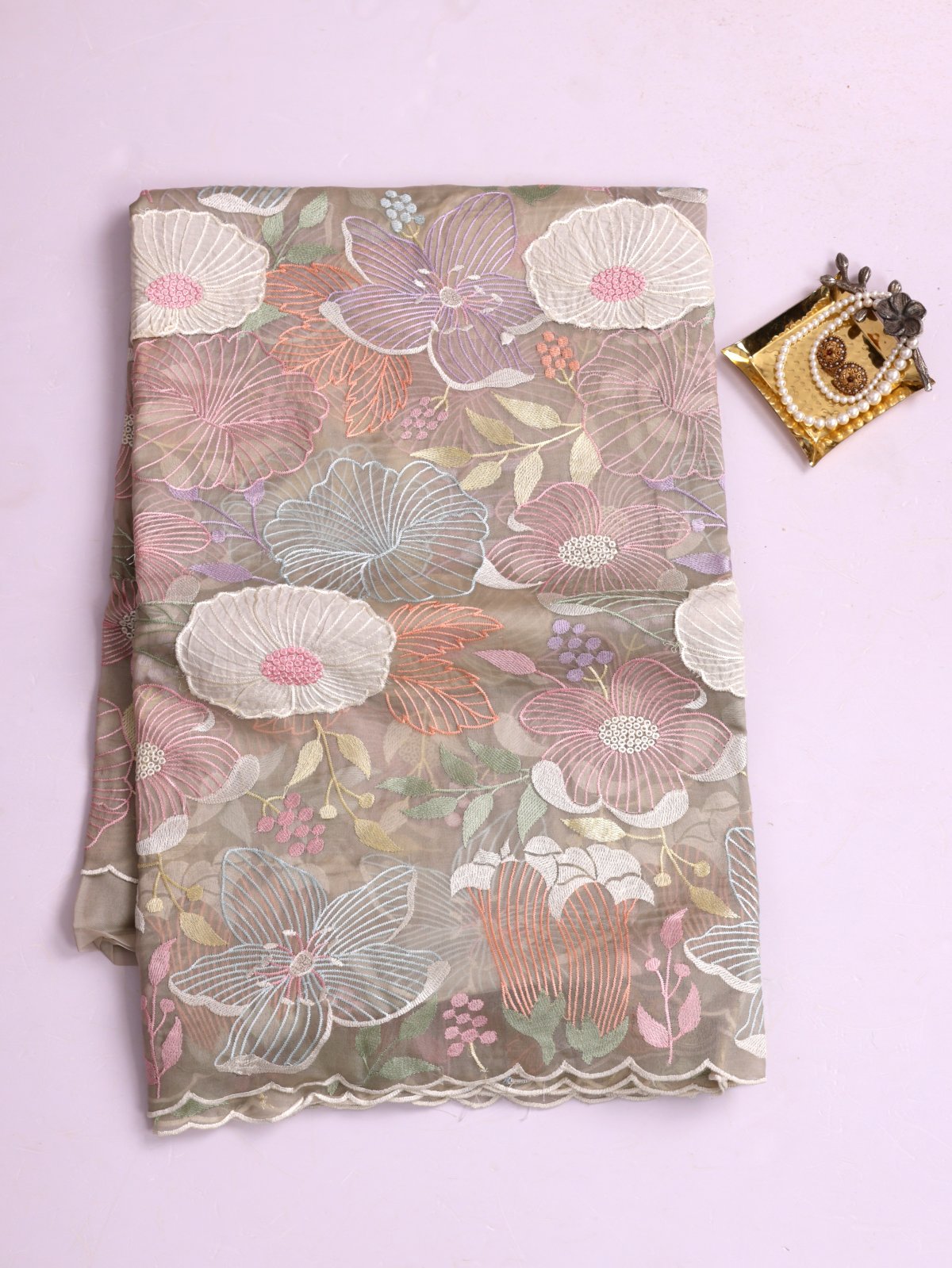 Greige Embroidered Organza Silk Saree With Applique Work