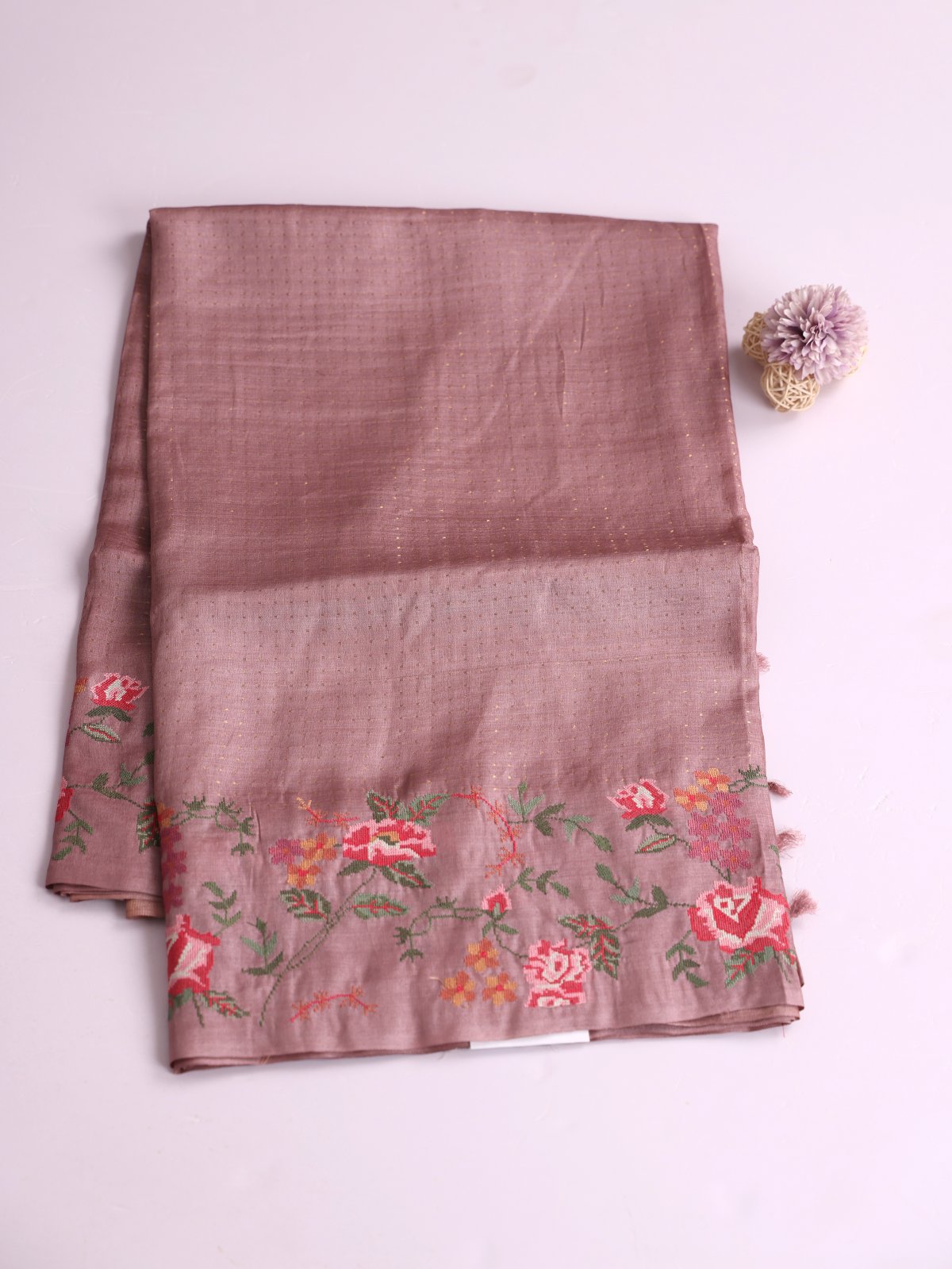 Light Mauve Tussar Silk Saree With Cross-Stitch Embroidered Border