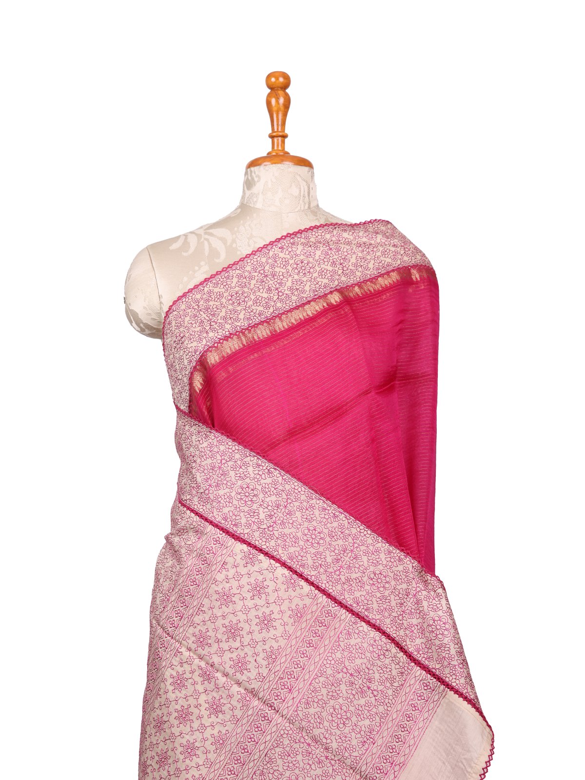 Pink Organza Silk Saree With Beige Embroidered Border