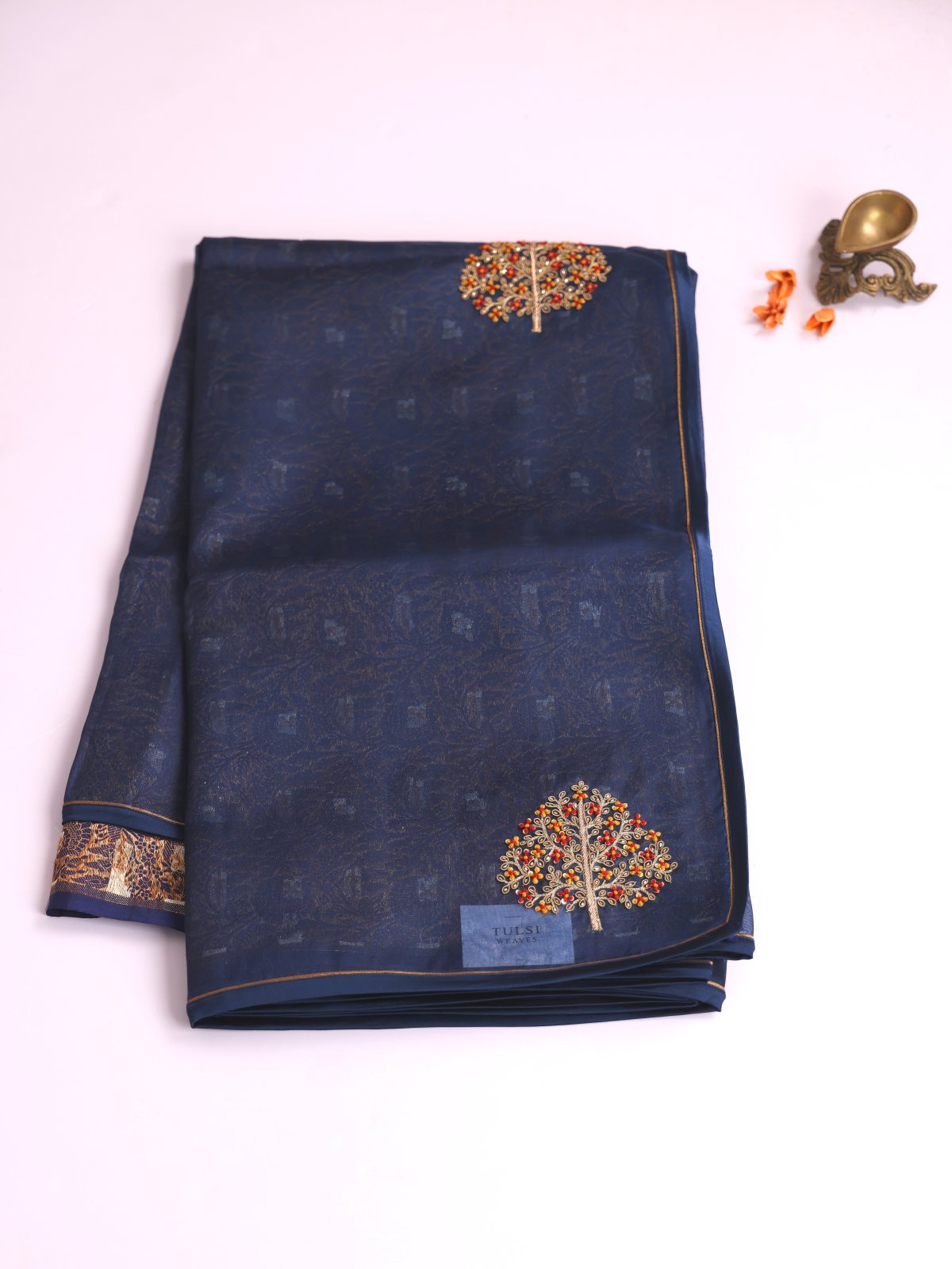 Navy Blue Embroidered Organza Silk Saree