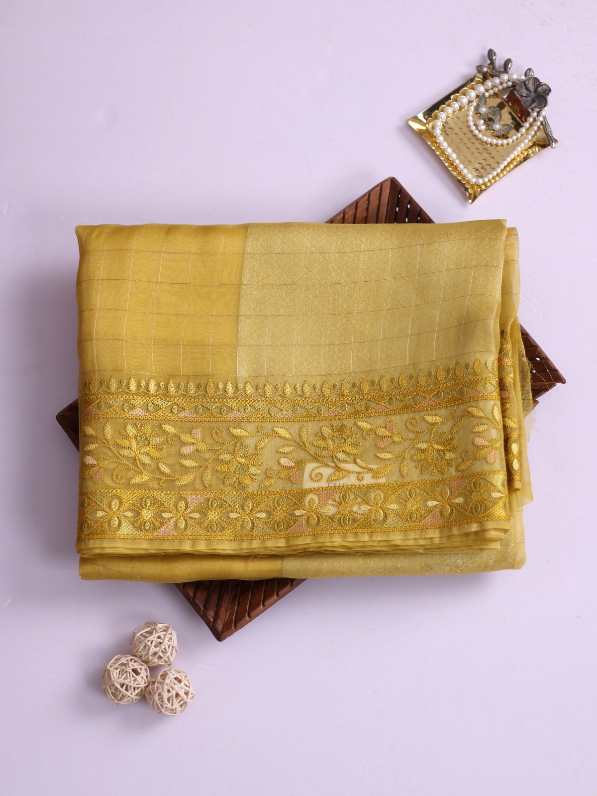 Yellow Zari Checked Organza Silk Saree With Embroidered Border