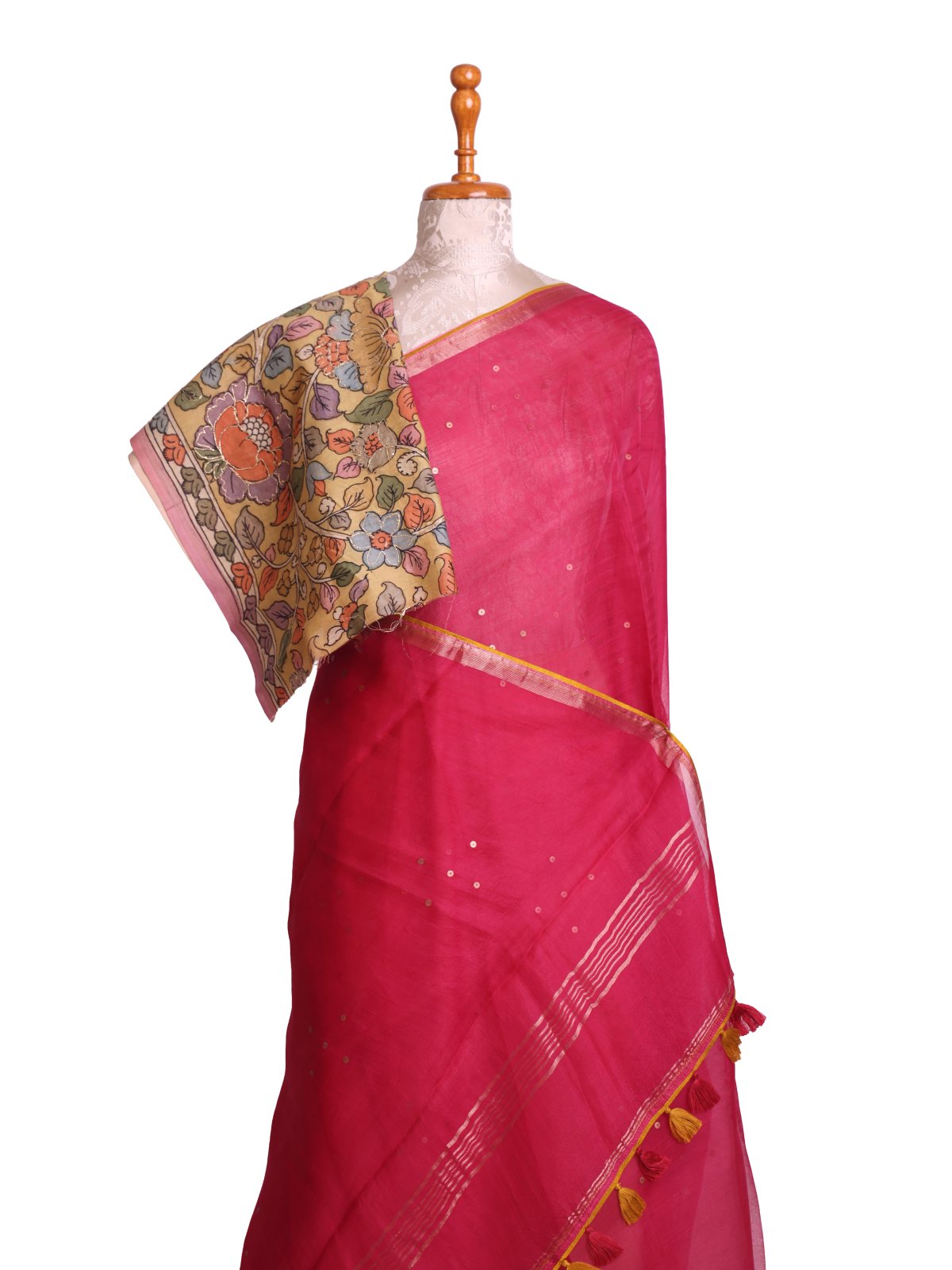 Rani Pink Organza Silk Saree with Kalamkari Blouse